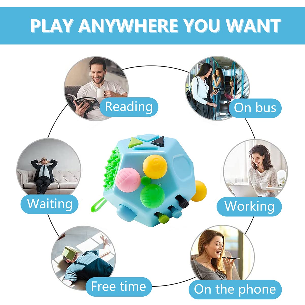 PAPOLGO 12-Side Fidget Cube Toy for Stress Relief & Anxiety - ADHD, Autism Sensory Toys for Kids & Adults - Focus & Boredom Buster - Perfect for Office, School, Travel (Blue / B3)