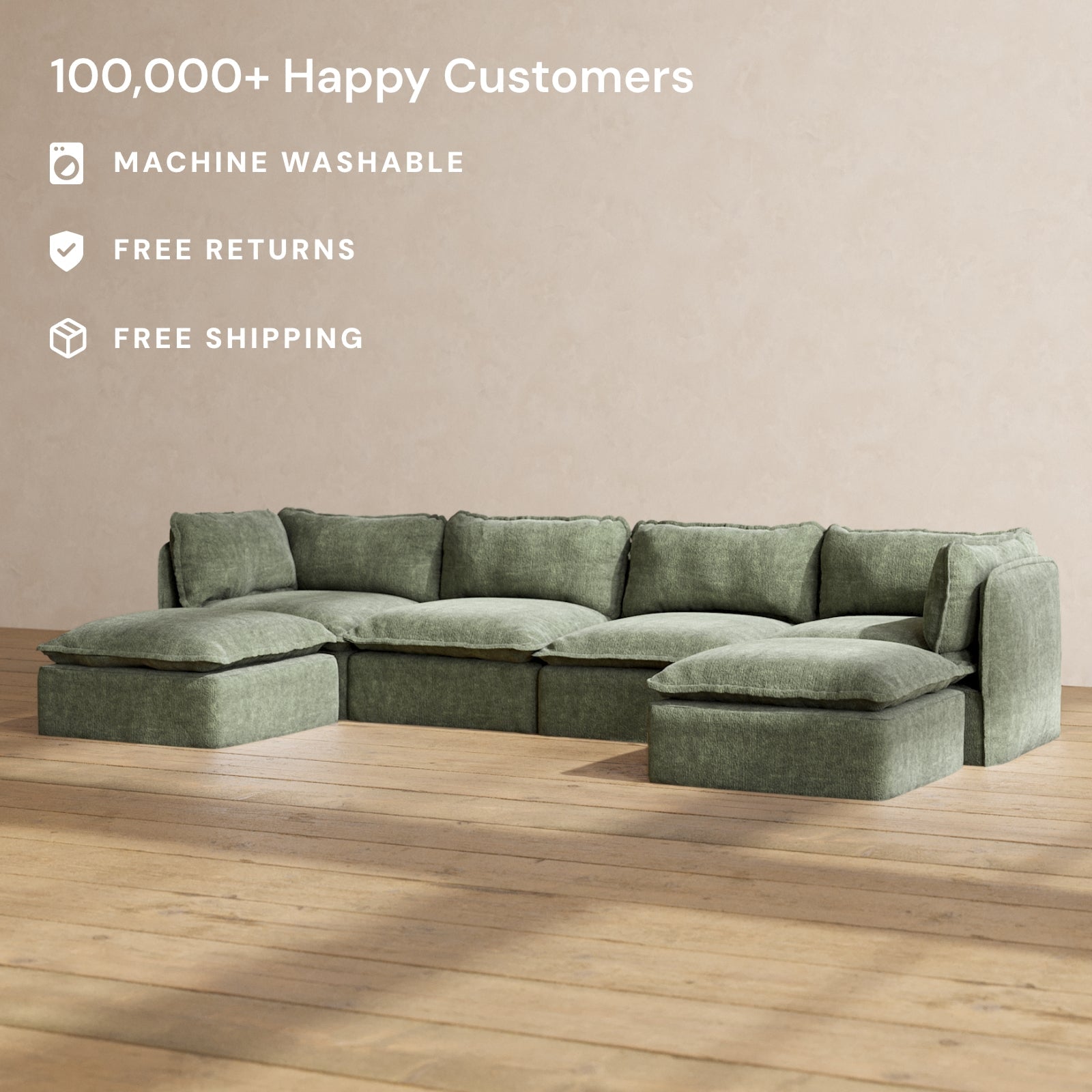 Modular Performance 4-Seater U-Shaped Sectional Sofa in Willow Fabric | Relaxed Blend Design for Living Room, Family Room & Home Theater | Comfortable Contemporary L-Shaped Couch for Entertaining and Lounging