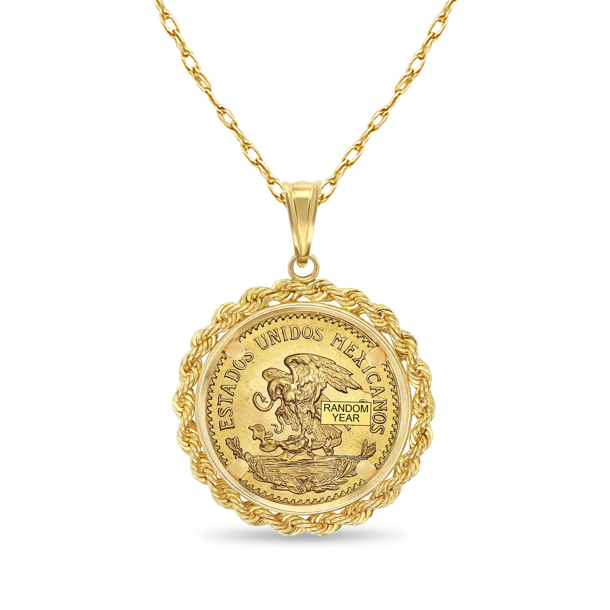 14K Yellow Gold Veinte Pesos Coin Necklace with Rope Bezel - Perfect for Everyday Wear, Gifts & Special Occasions
