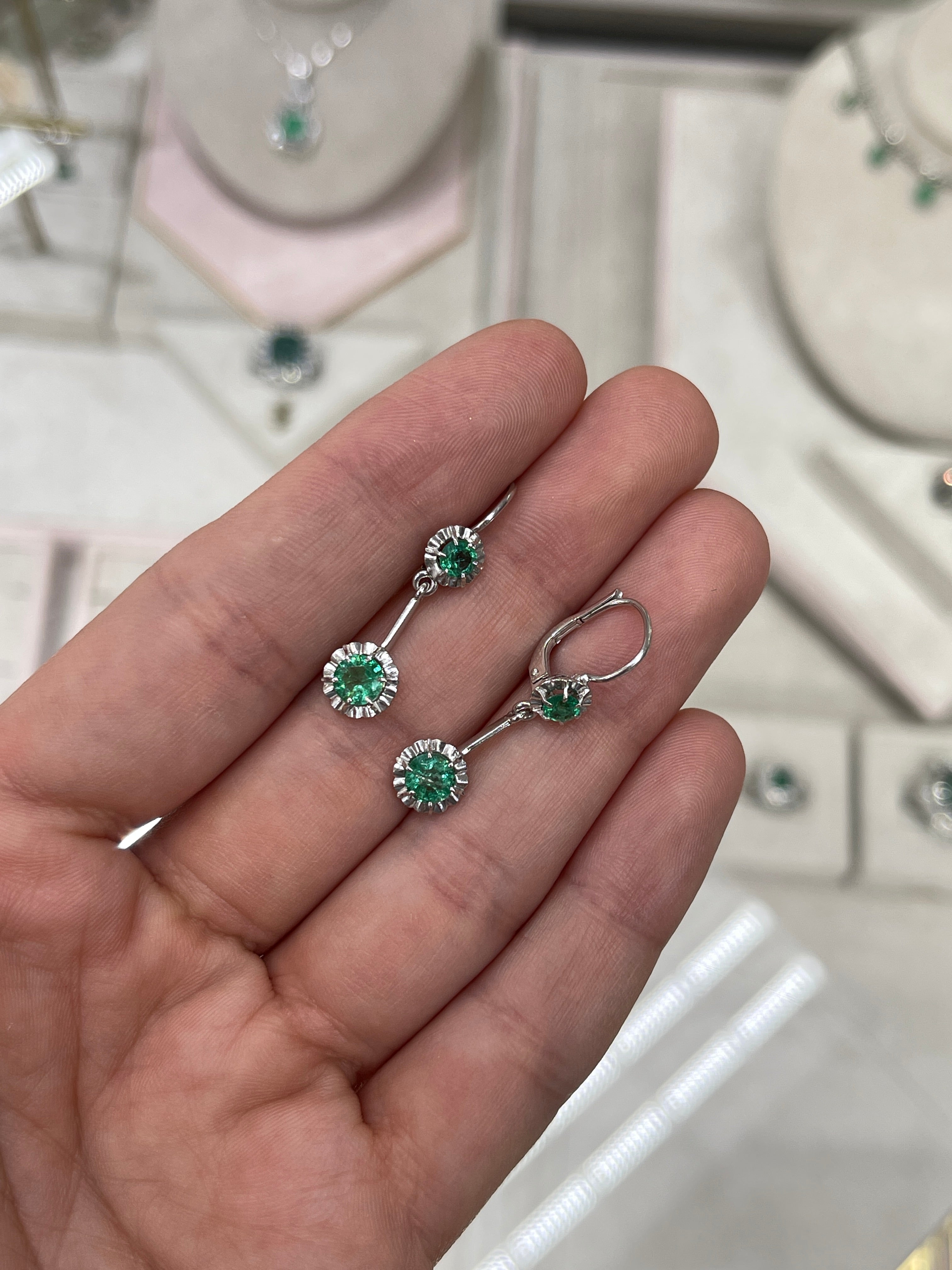 Natural Round Emerald Dangle Earrings - 14K White Gold Buttercup Setting, 31mm Leverback Drop Earrings for Women | Perfect for Weddings, Parties & Special Occasions
