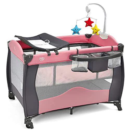 BABY JOY 4-in-1 Portable Playard with Bassinet, Changing Table & Storage Basket - Lightweight Travel Playpen for Newborns & Infants - Includes Toy Bar, Lockable Wheels & Carry Bag - Perfect for Nursery, Home, Travel & Outdoor Use