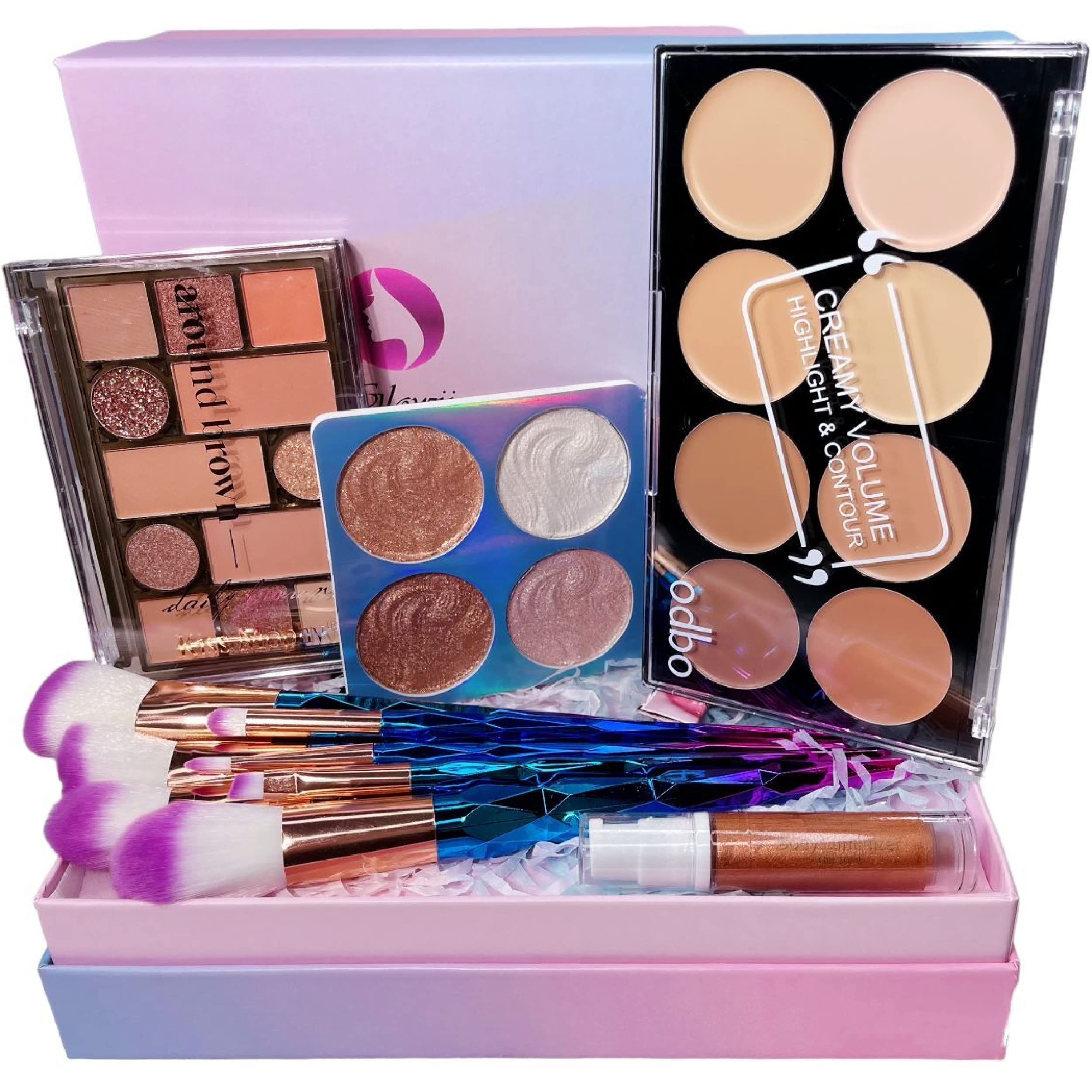 LyDia® Professional Makeup Brush Set & Contour Palette with Bronzer, Eyeshadow, Highlighter & Sunkissed Cream - Complete Beauty Gift Box for Makeup Lovers | Perfect for Bridal, Party & Everyday Glam Makeup Looks