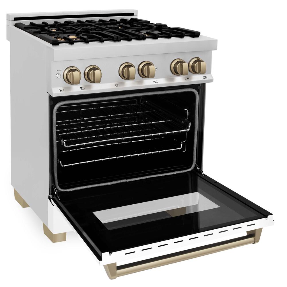 ZLINE Autograph Edition 30-inch Stainless Steel Dual Fuel Range with White Matte Door & Range Hood - Champagne Bronze Accents (2AKP RAWMRH30 CB) | Professional Kitchen Appliance for Home Chefs & Cooking Enthusiasts