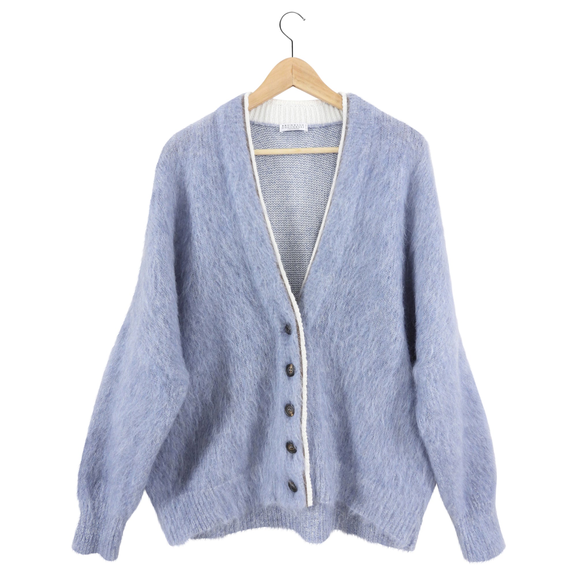 Brunello Cucinelli Pale Blue Monili Bead Mohair Cardigan Sweater for Women - Soft Luxury Knitwear for Office, Date Night & Special Occasions