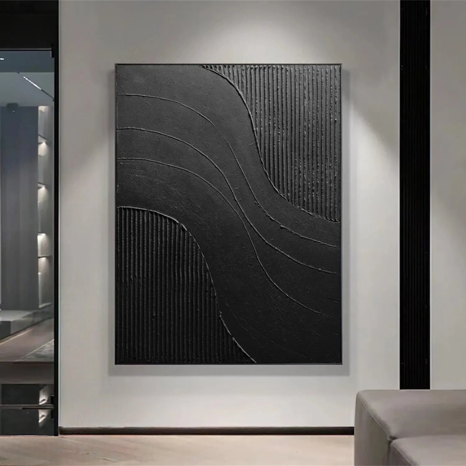 Black Minimalist Textured Painting Canvas #MZ104 - Modern Abstract Wall Art for Living Room, Bedroom & Office Decor