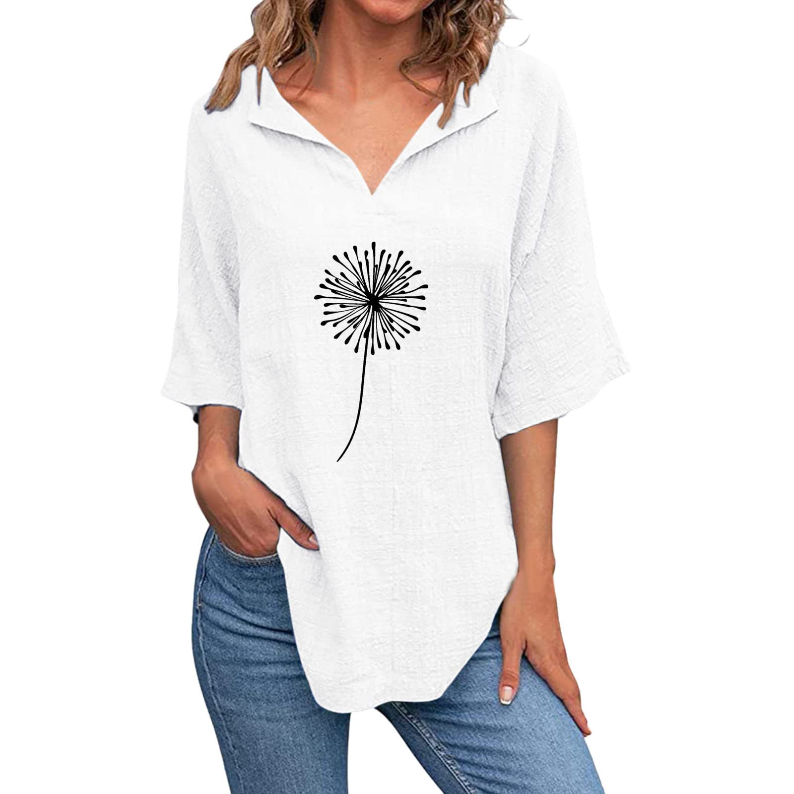 Women's Dandelion Print V-Neck Short Sleeve Cotton Linen Blouse - Summer Loose Fit Casual Floral Top for Beach, Travel & Everyday Wear