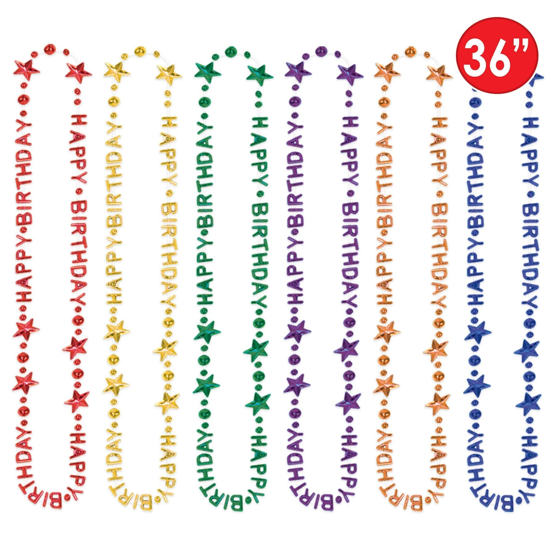 12 Pack Happy Birthday Bead Necklaces for Party Favors - Colorful Mardi Gras Style Party Supplies for Birthday Celebrations, Carnivals & Festive Events