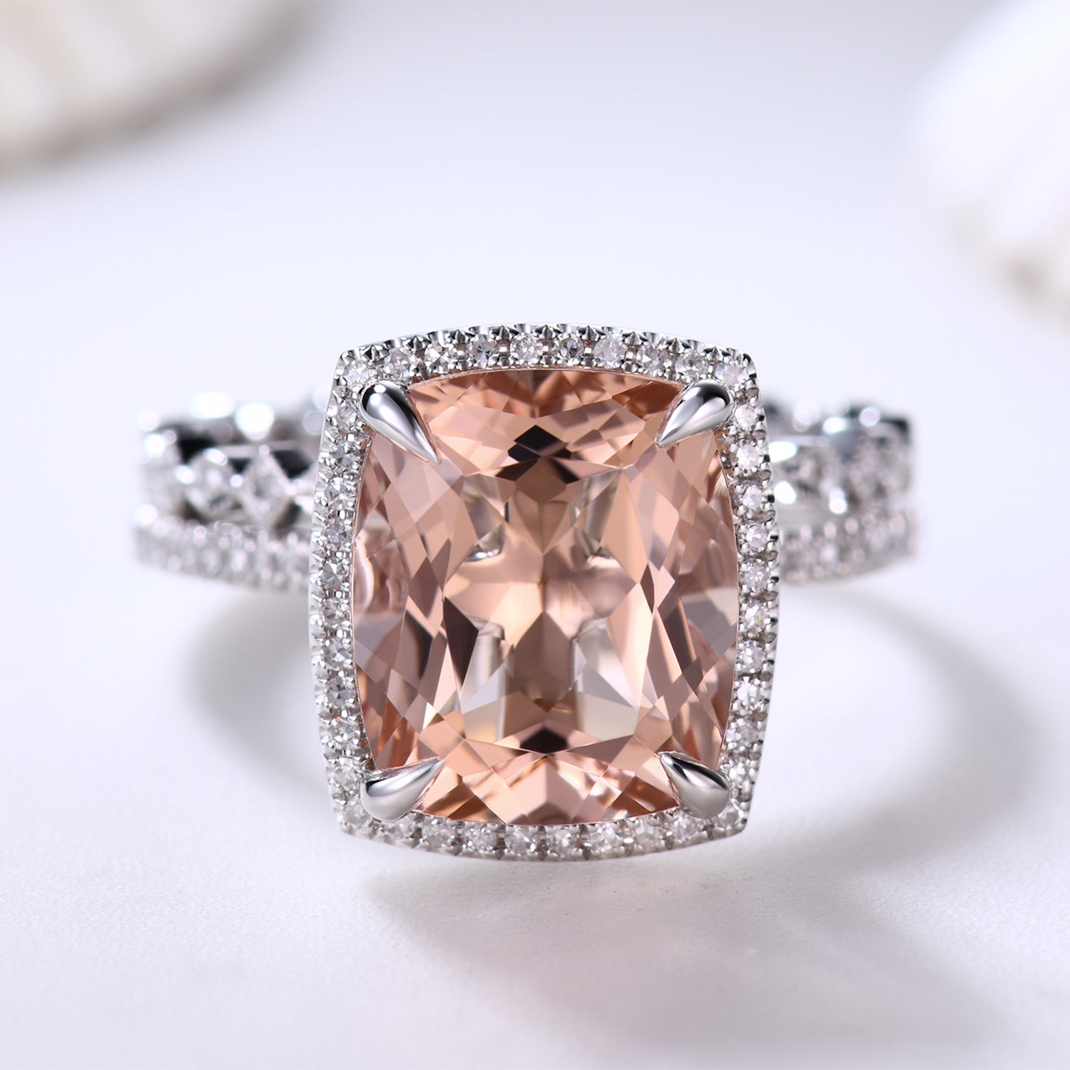 14K White Gold Cushion Cut Morganite Engagement Ring Set with Art Deco Diamond Band – Perfect for Proposals, Weddings & Anniversaries