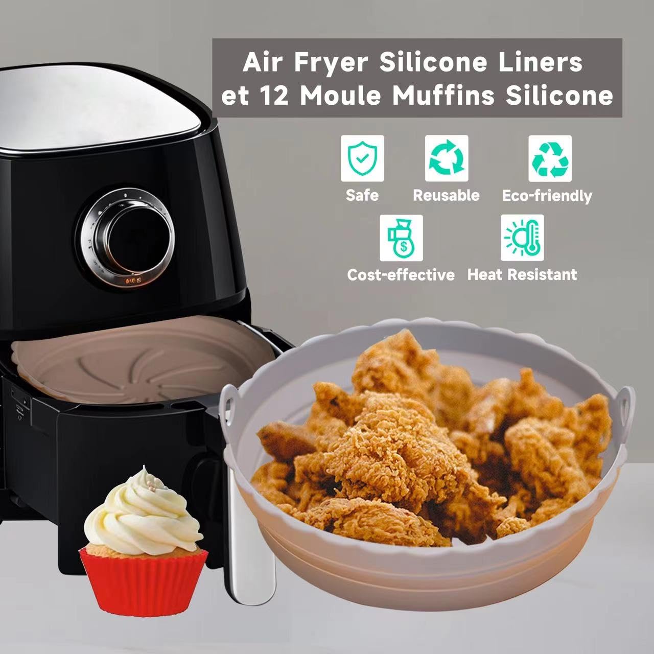 LIANGMEIXIN 12-Piece Silicone Muffin Pan & Air Fryer Basket Set - Reusable Non-Stick Baking Mold for Air Fryers, Oven - Perfect for Cupcakes, Muffins, Eggs & More - Ideal for Home Baking, Meal Prep & Party Snacks
