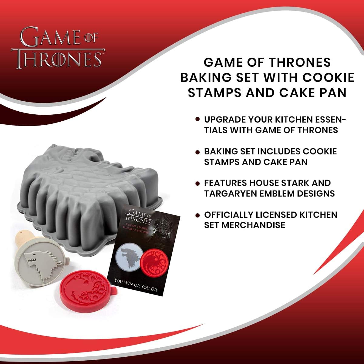Game of Thrones Baking Set - 6-Piece Cookie Stamps & Silicone Cake Mold Kit for Cakes, Breads, Cookies | Reusable Bakeware Pan & Cookie Press | Perfect for Themed Parties, GOT Fans, Holiday Baking Gifts