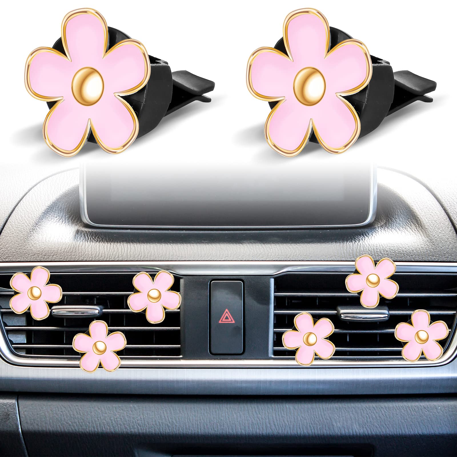 Frienda 6 Pcs Daisy Flower Car Air Vent Clips - Pink Car Air Freshener & Decor (3cm & 3.3cm) for AC Vents & Dashboard - Perfect for Home, Office & Car Interior Accessories