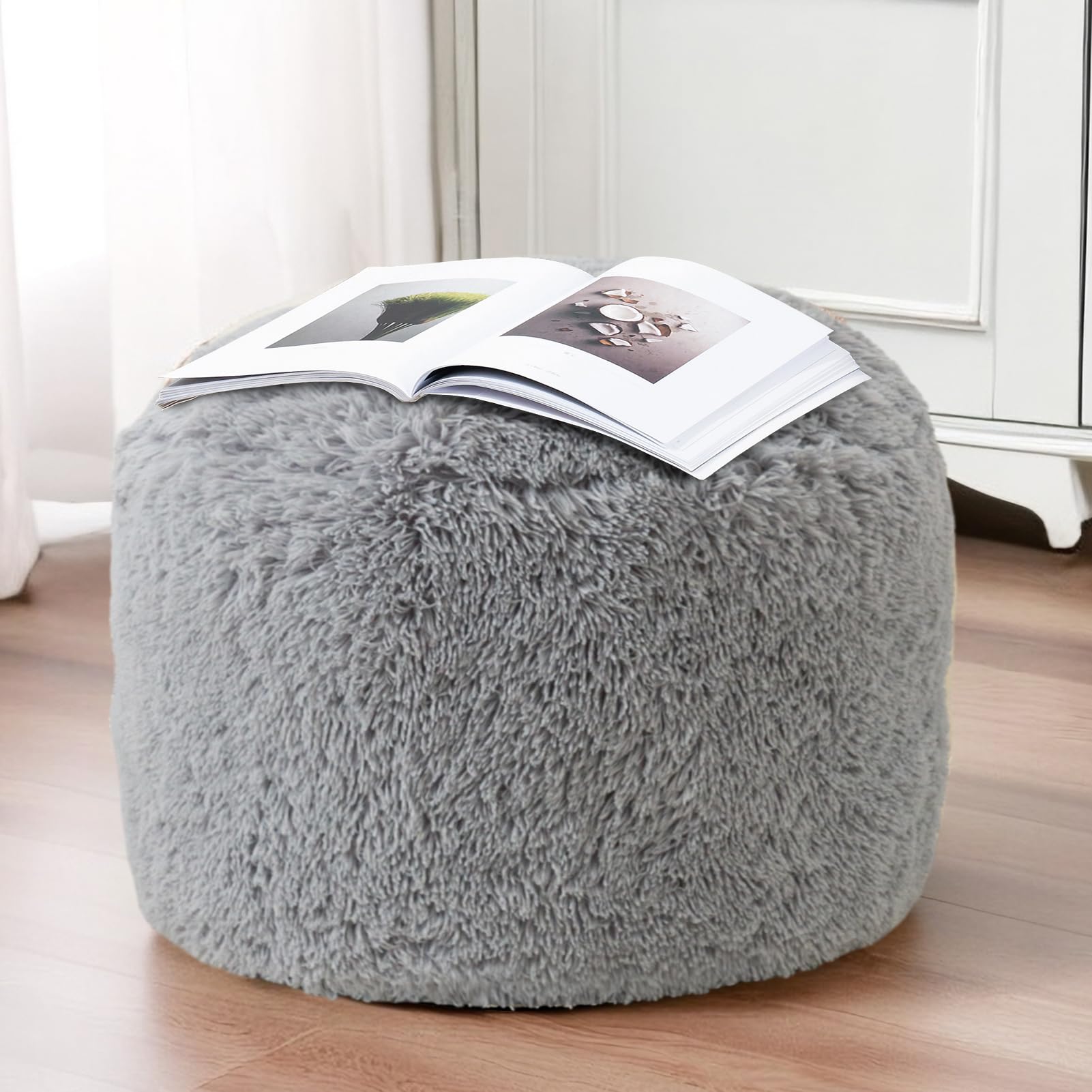 MAXYOYO Round Stuffed Pouf Ottoman - Soft Faux Fur Floor Cushion with Foam Chunk Filling, Grey Home Decor for Living Room, Bedroom & Nursery - Cozy Seating & Footrest for Relaxation