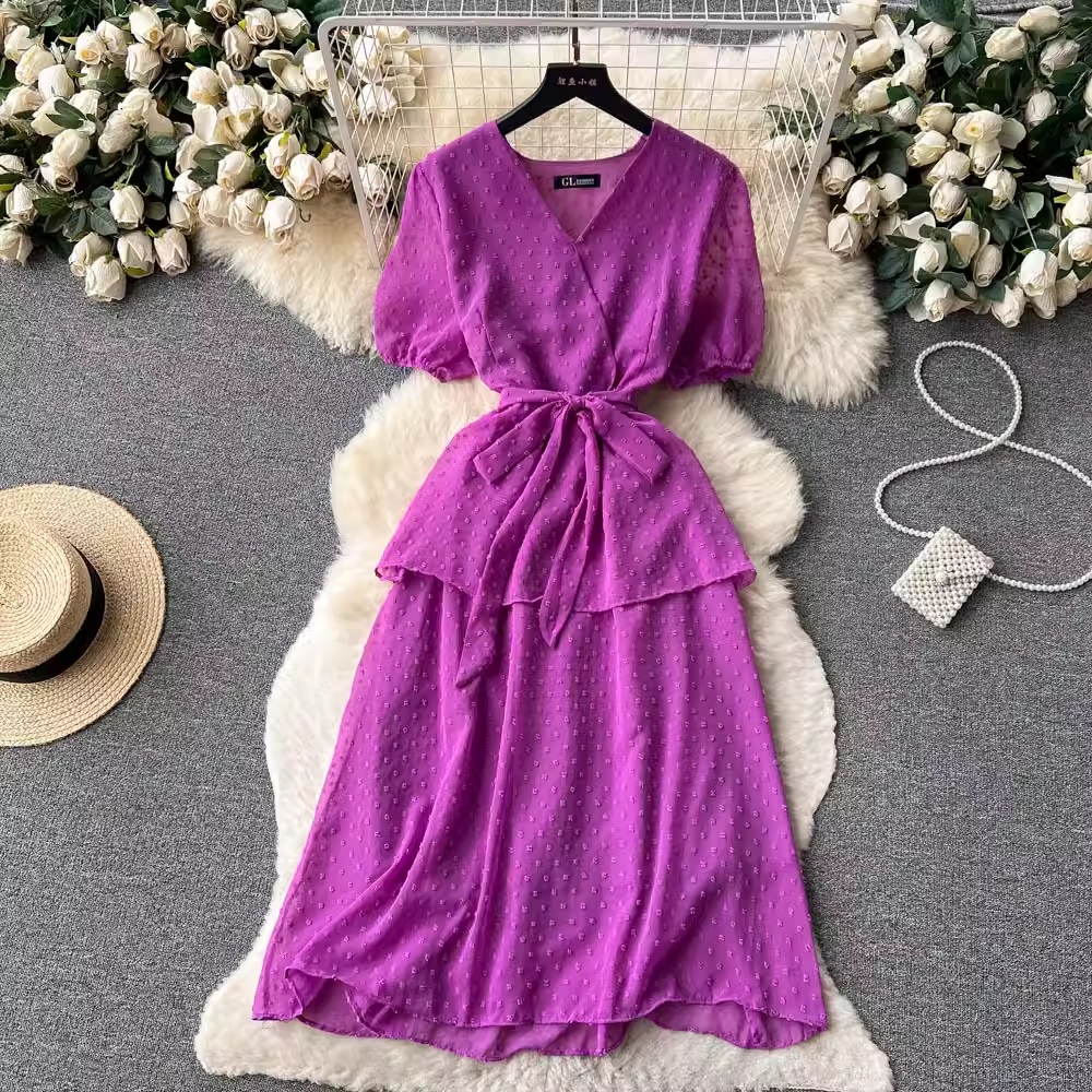 French V-Neck Puff Sleeve Summer Dress - Sweet Flowy Skirt for Women | Perfect for Beach Vacations, Date Nights & Outdoor Parties