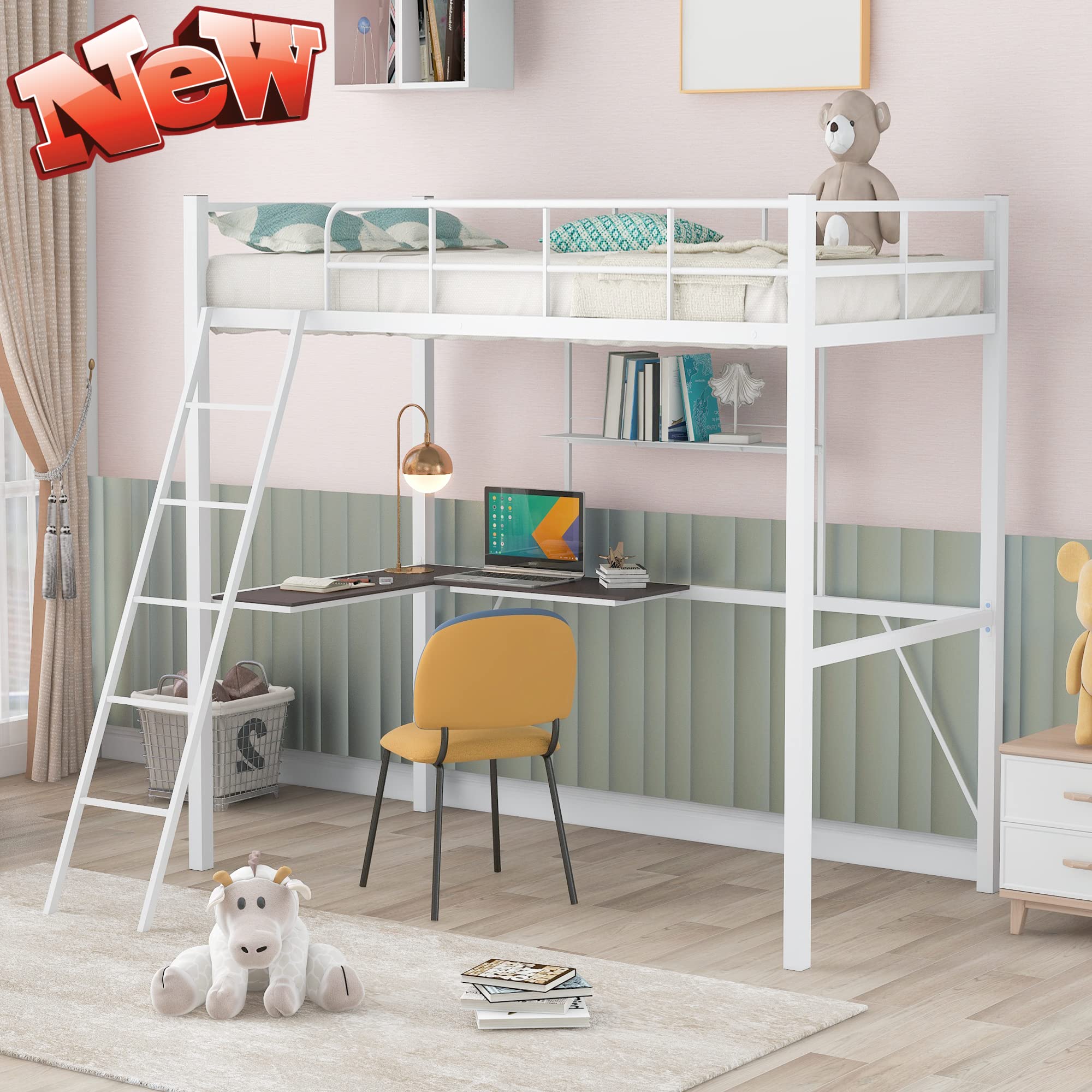 Durable Twin Loft Bed Frame with Desk & Shelf - Heavy Duty Metal High Loft Bed for Kids, Teens & Adults - Modern Industrial Style with Safety Guard Rails & Ladder - Easy Assembly (White) - Perfect for Small Spaces, Dorm Rooms & Studio Apartments