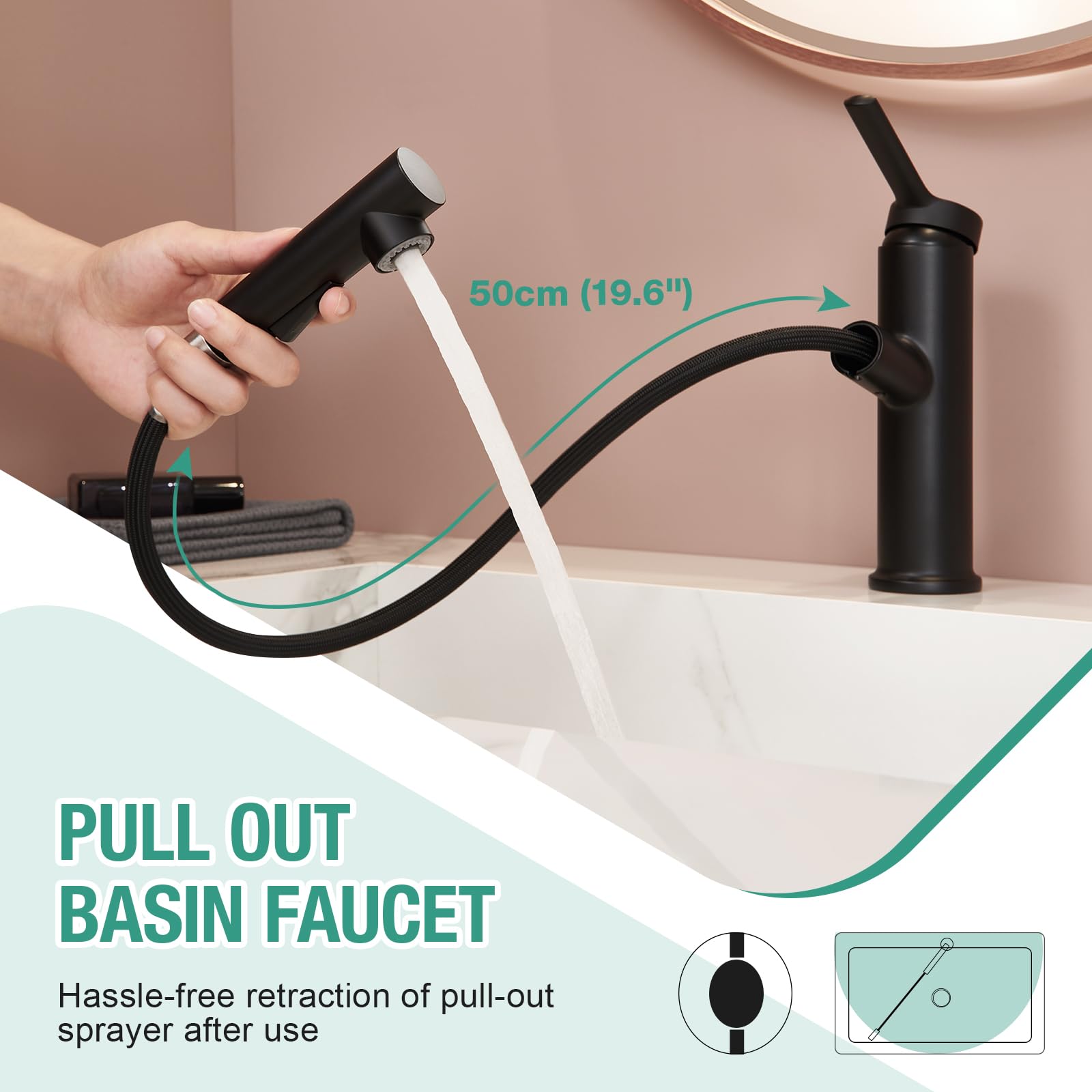 Black Single Handle Bathroom Faucet with Pull Out Sprayer - 1 Hole Basin Mixer Tap with 2 Modes Rotating Spout - Perfect for RV, Bar, Laundry Room & Utility Sink - Includes Sprayer and Pop Up Drain - Modern Water-Saving Design for Home & Commercial Use