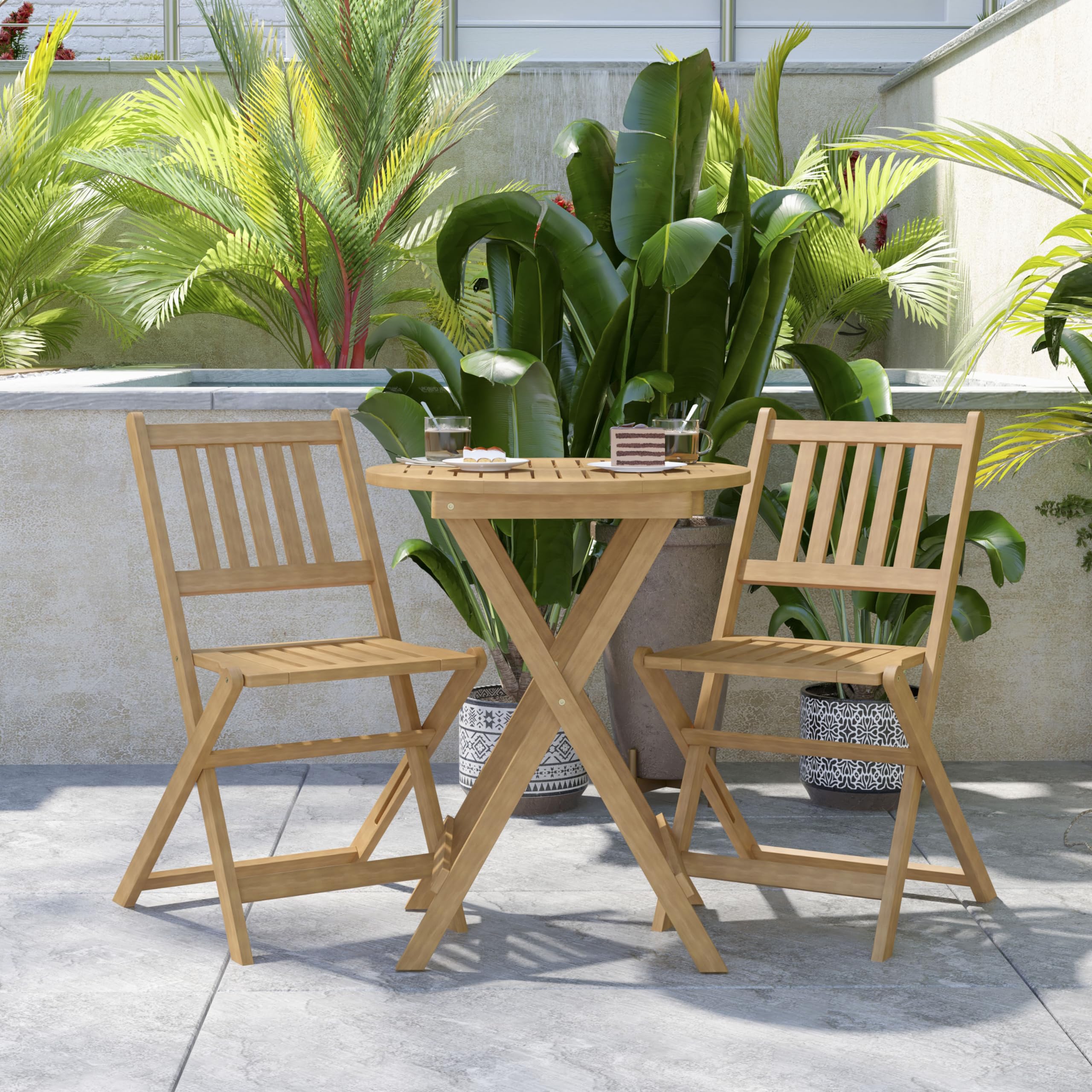 3 Piece Folding Patio Bistro Set - Natural Acacia Wood Round Table with 2 Chairs - Indoor/Outdoor Furniture for Garden, Balcony & Backyard - Slatted Tabletop & Seating - Perfect for Coffee, Dining & Relaxing