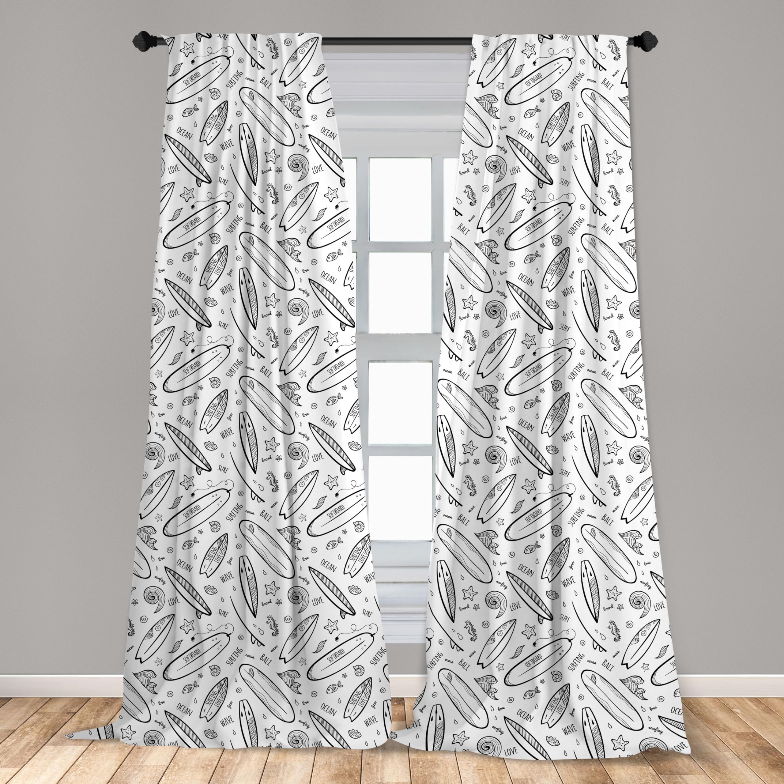 Ambesonne Surfboard Window Curtains - Black & White Coastal Design for Beach House Decor | Water Sports Themed 2-Panel Set with Rod Pocket (28x63 inches) | Perfect for Living Room, Bedroom & Vacation Homes