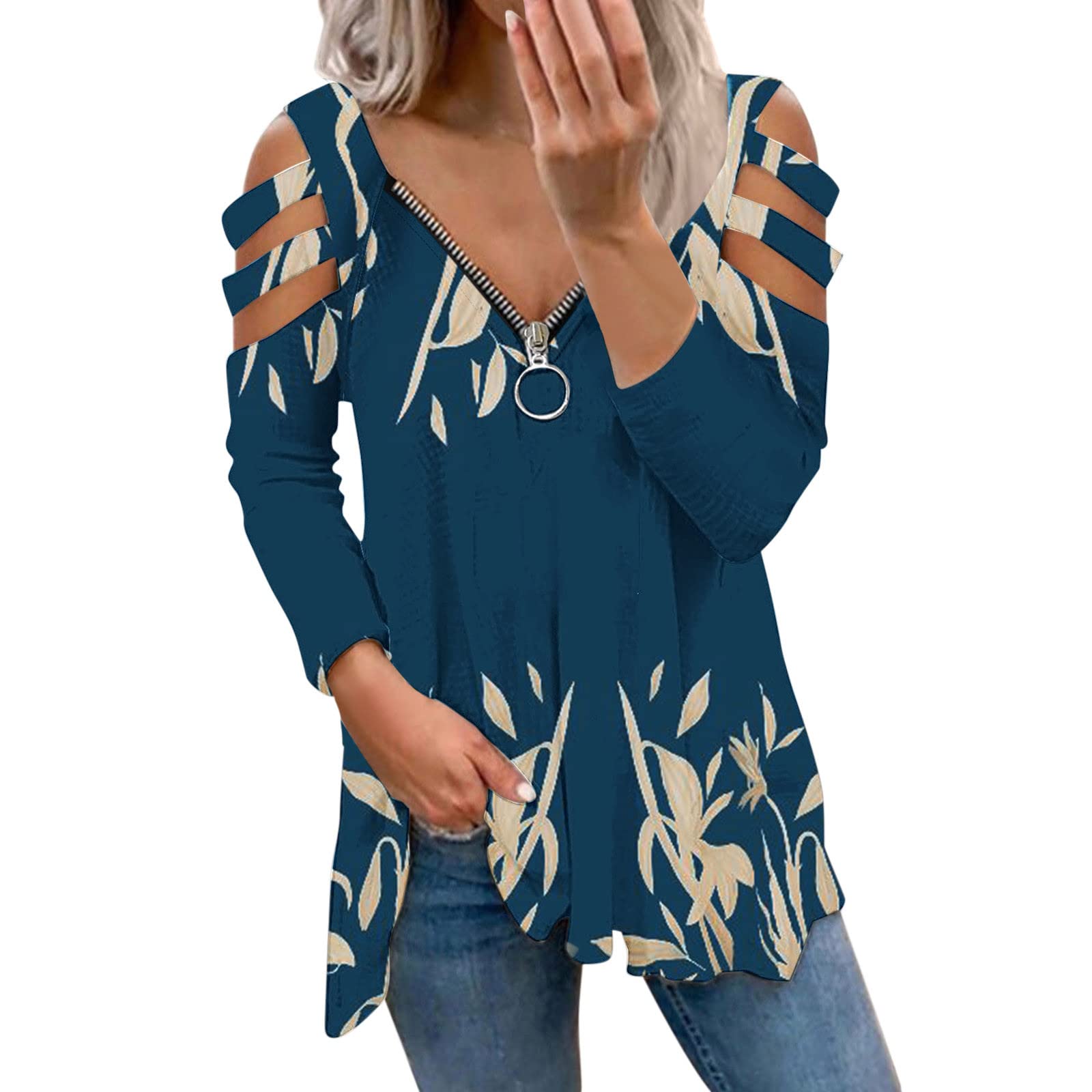 Plus Size Women's Off Shoulder V-Neck Zip Up Tunic Tops - Long Sleeve Floral Tie Dye Swing Tee for Casual Wear, Date Night & Boho Outfits
