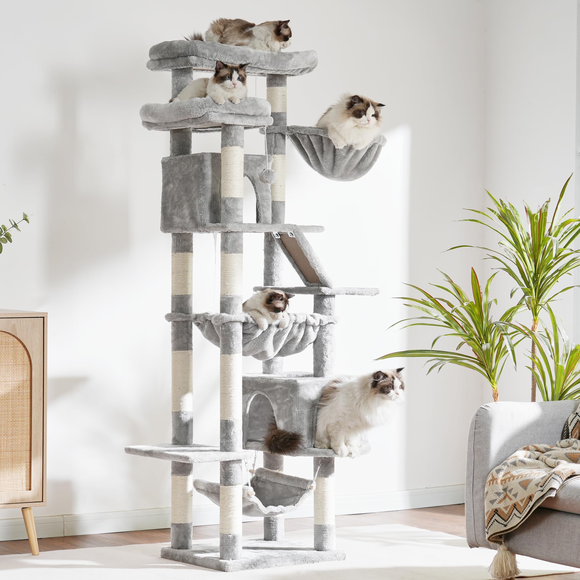 Heybly 71-Inch Tall Cat Tree with 2 Perches, 2 Condos & 2 Hammocks - Multi-Level Cat Tower with Scratching Pad & Basket - Large Indoor Cat Furniture for Play & Rest (Light Gray HCT034W) - Perfect for Small Spaces & Multi-Cat Homes