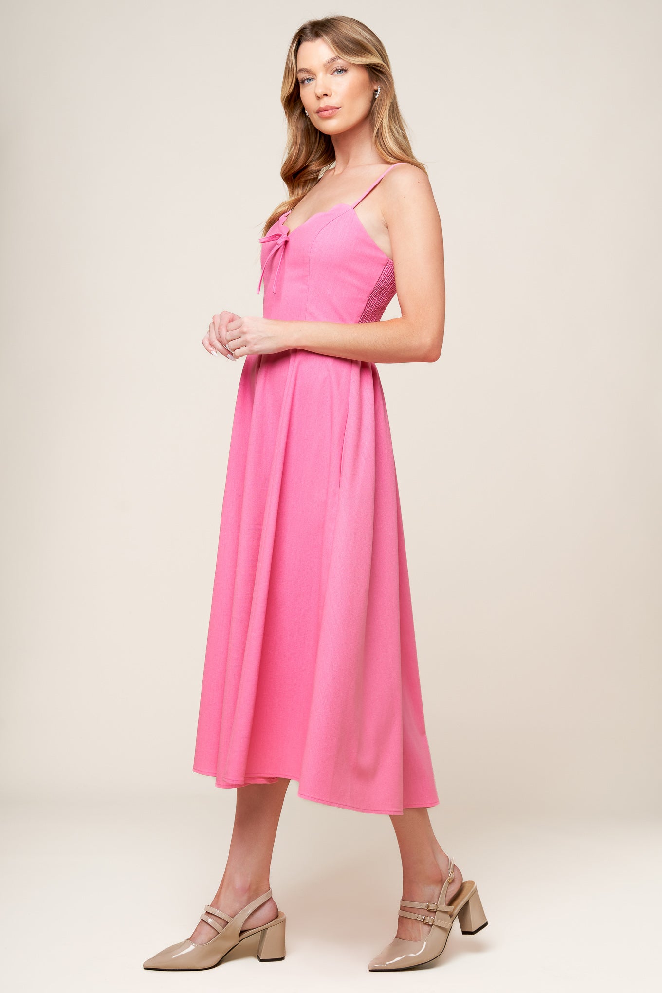 Elegant Pink Midi Dress with Center Bow - Perfect for Weddings, Parties & Special Occasions