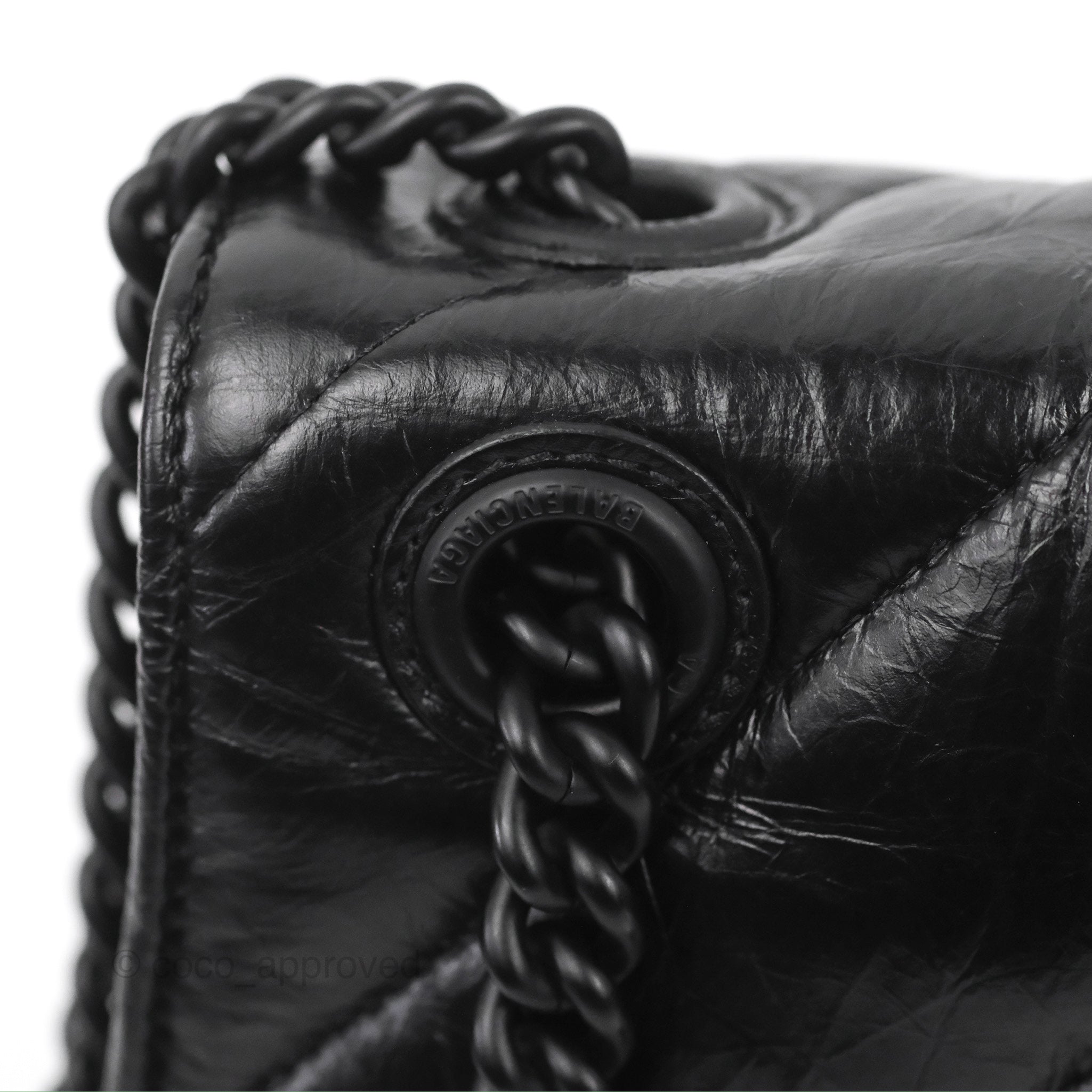 Balenciaga Small Crush Chain Bag - Quilted Black Calfskin Leather with Matte Black Hardware | Luxury Crossbody Purse for Women, Perfect for Evening Parties & Date Nights