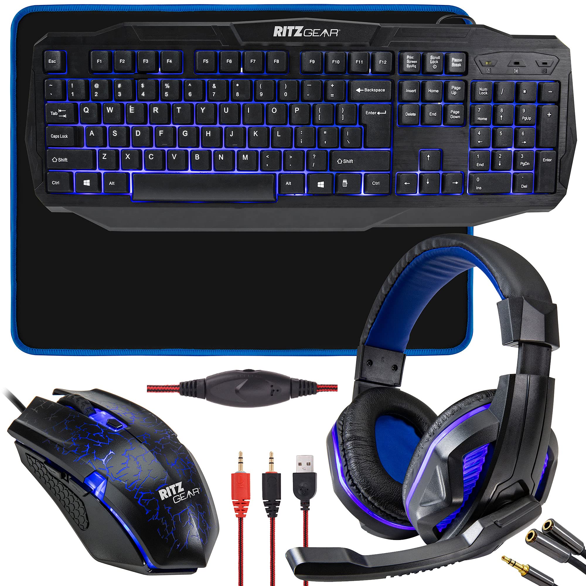 Ritz Gear 4-in-1 Gaming Accessories Kit (Blue) - LED Backlit Keyboard, Optical Mouse, Mouse Pad & Headset with Adapter | Compatible with Windows 7+, PC, Laptop, Xbox & PS4 | Perfect for Gaming, Streaming & Office Work