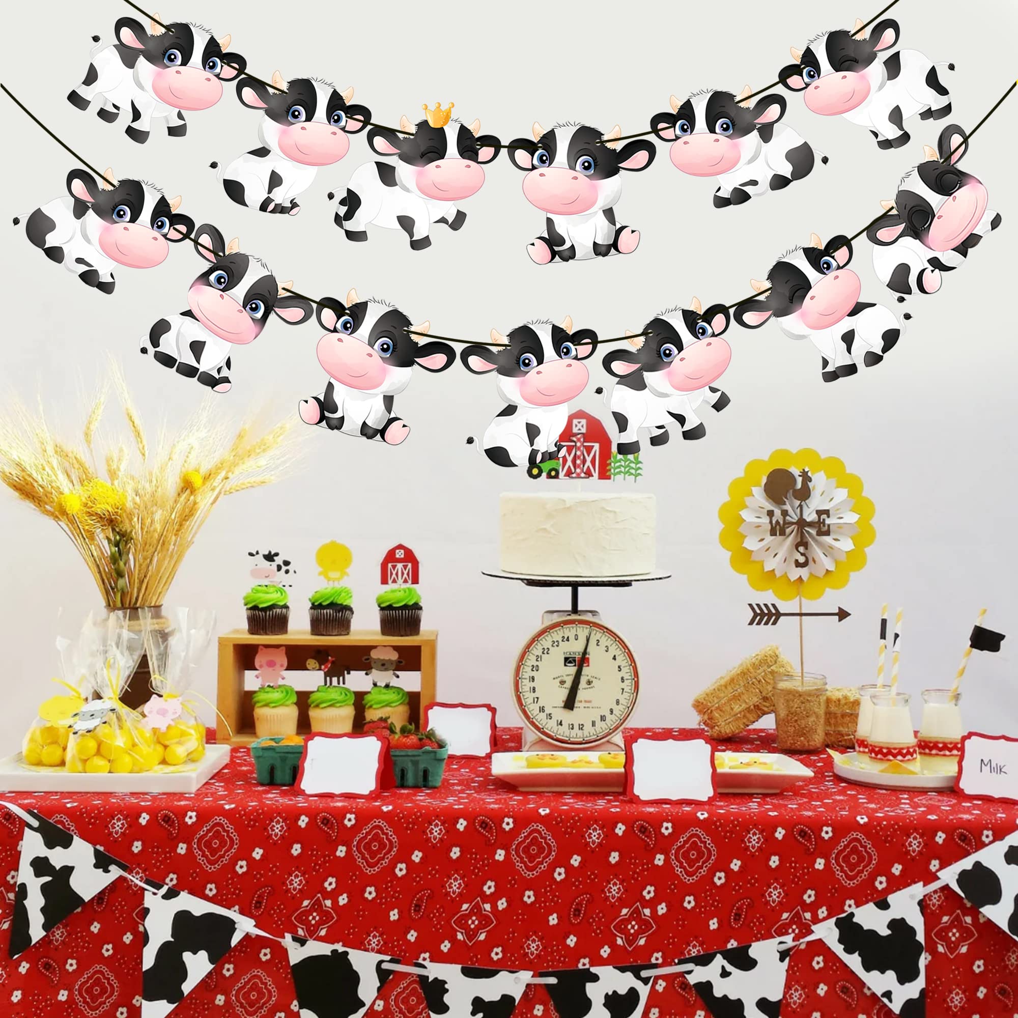 2PCS Cow Print Banner Garland - Farm Animal Birthday Party Decorations for Kids, Cow Themed Party Supplies, Farmhouse Birthday Banner for Baby Shower, Nursery, Classroom, and Cowboy Theme Events