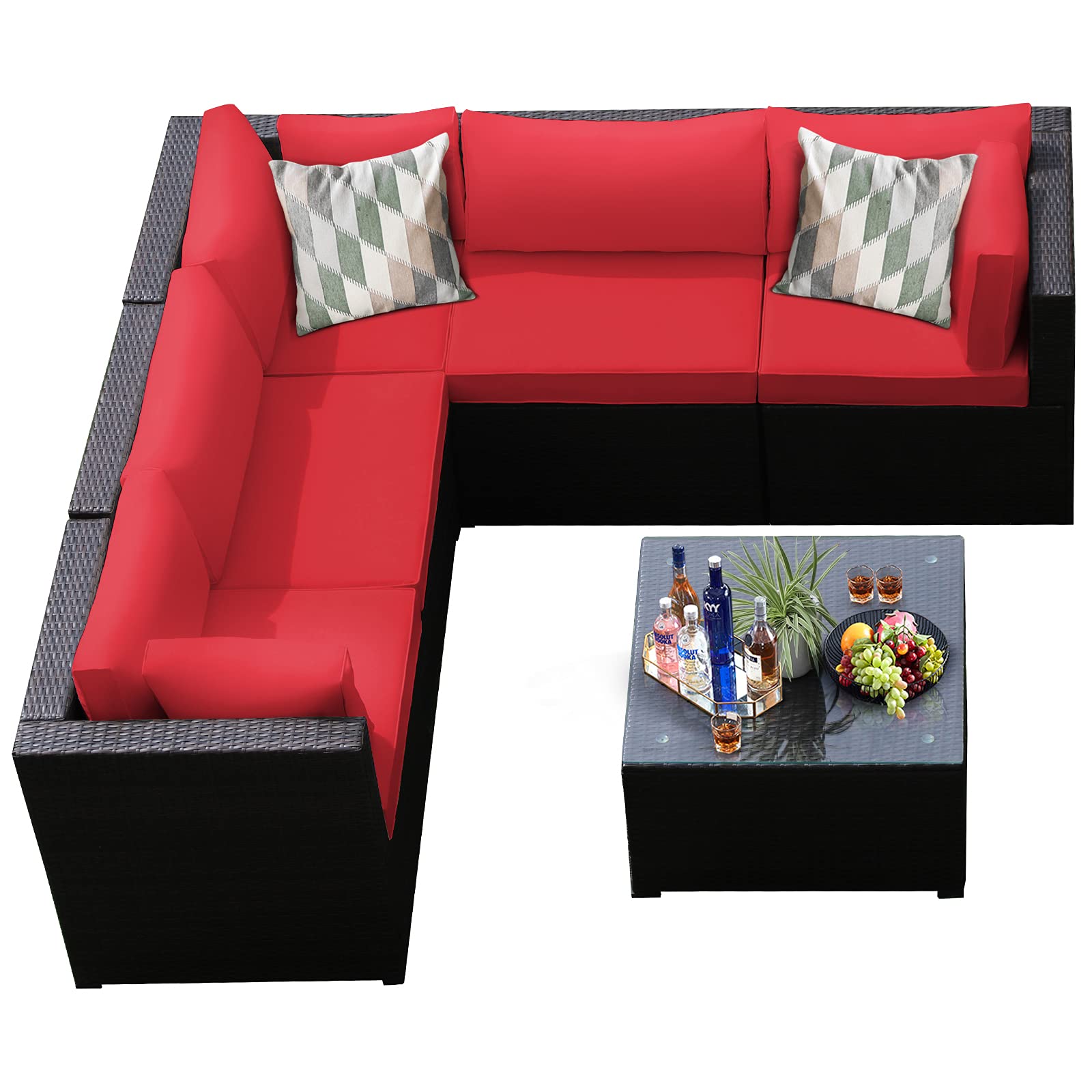 Tangkula 6-Piece Outdoor Patio Furniture Set - Rattan Wicker Sofa Sectional with Tempered Glass Coffee Table & Cushions - Red Conversation Set for Backyard, Garden, Balcony, Poolside - Perfect for Relaxing, Entertaining & Outdoor Gatherings