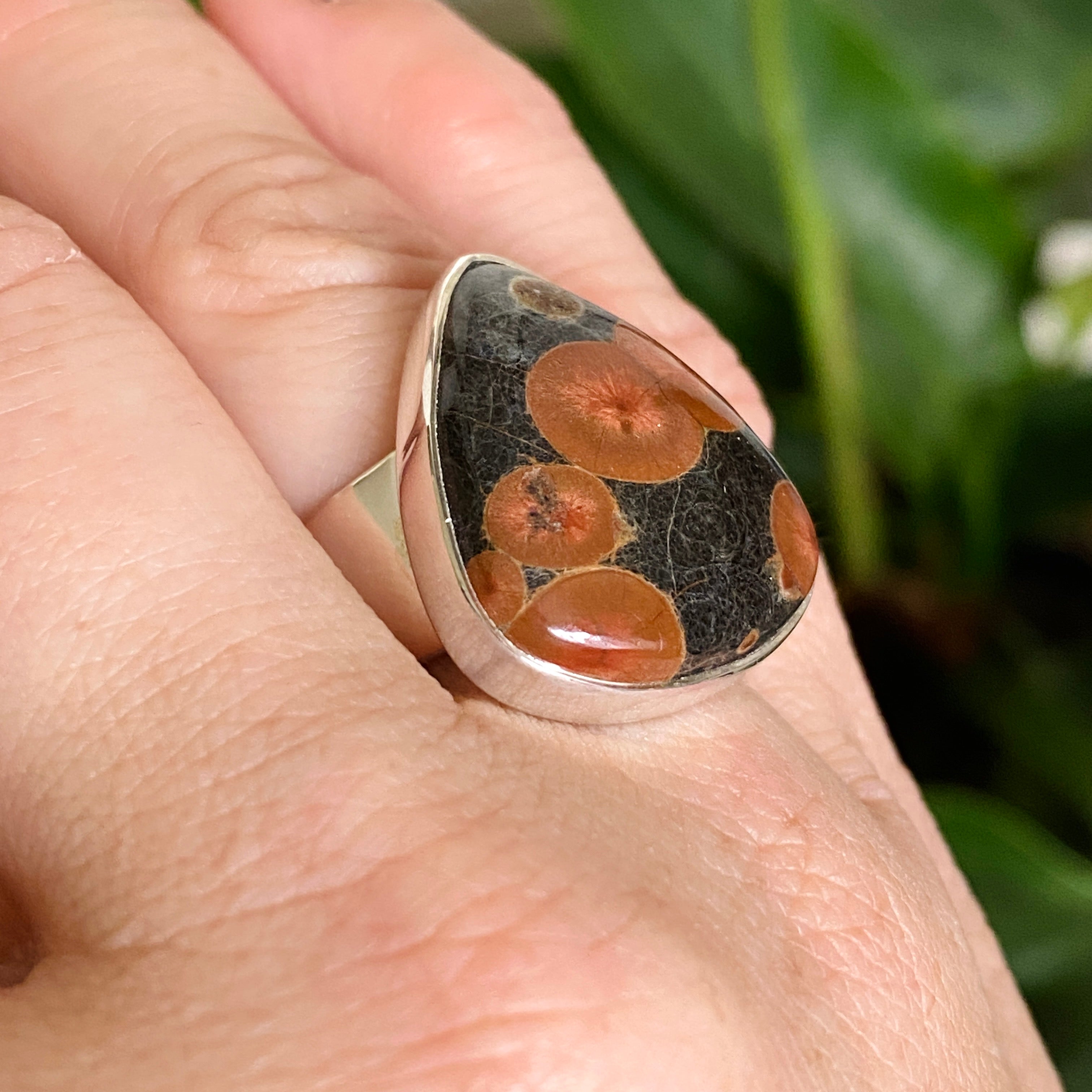 Natural Peanut Obsidian Perlite Teardrop Cabochon Ring - Size 7 - KRGJ3348 - Perfect for Boho Jewelry, Healing Crystal Collection & Spiritual Gift Giving