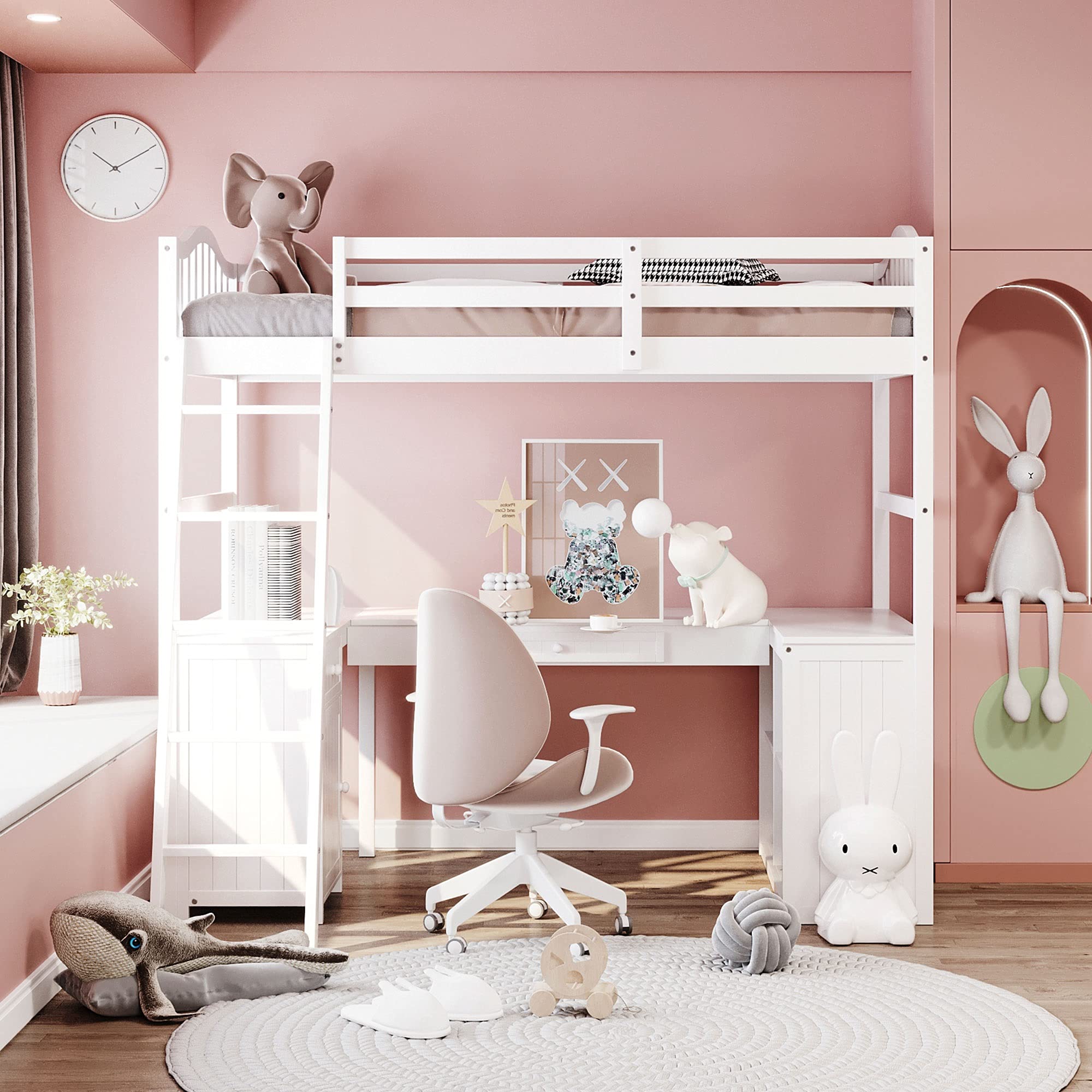 **Twin Size Wooden Loft Bed for Kids with Desk, Drawers, Cabinet & Shelves - Space-Saving Multi-Functional Bed Frame - Perfect for Small Bedrooms, Dorms & Kids' Rooms (White)**