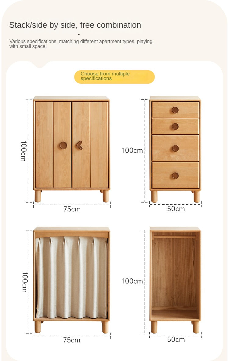 Solid Wood Beech & Rubber Kids Wardrobe - Multi-Functional Storage Cabinet for Bedroom, Nursery, and Playroom Organization