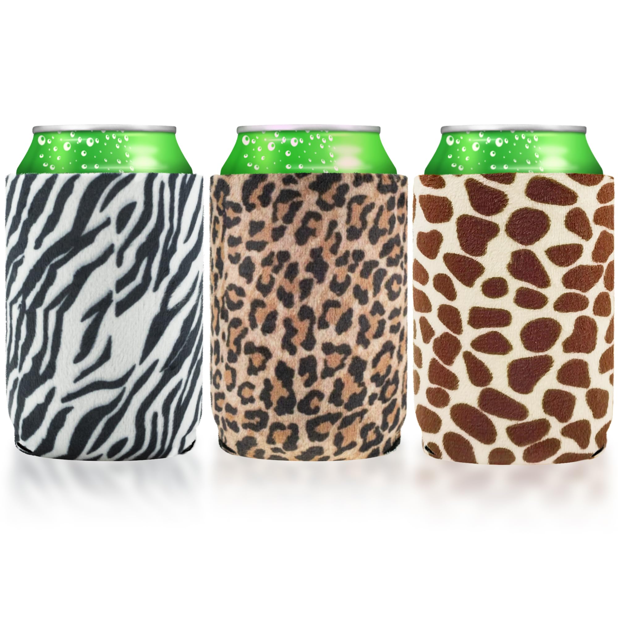 Carol Velvet Neoprene Beer & Soda Can Cooler Sleeves (3-Pack) - Insulated Beverage Bottle Covers for Cold Drinks | Perfect for BBQ, Bachelor Parties, Weddings & Outdoor Events (Cheetah, Giraffe, Zebra Print)