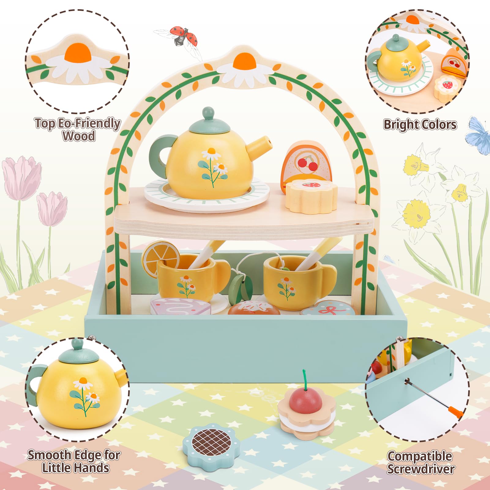 Wooden Tea Party Set for Kids - Pretend Play Tea Set with Cupcake Stand & Play Kitchen Accessories - Montessori Learning Toys for Toddlers Ages 3-6 - Perfect Birthday Gift for Girls (Great for Imaginative Play, Tea Parties & Role-Playing Games)