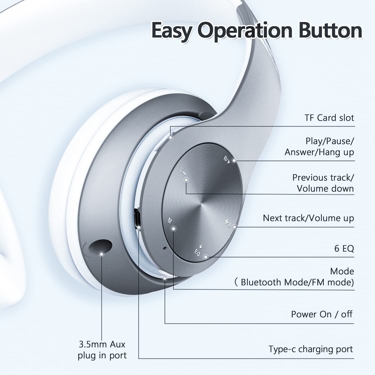 Wireless Bluetooth Headphones with 60-Hour Playtime, Foldable Lightweight Over-Ear Design, Hi-Fi Stereo & 6 EQ Modes - Deep Bass Adjustable Headset with Built-in Mic, FM Radio & TF Card Slot for Adults - Perfect for Travel, Workouts & Home Entertainment