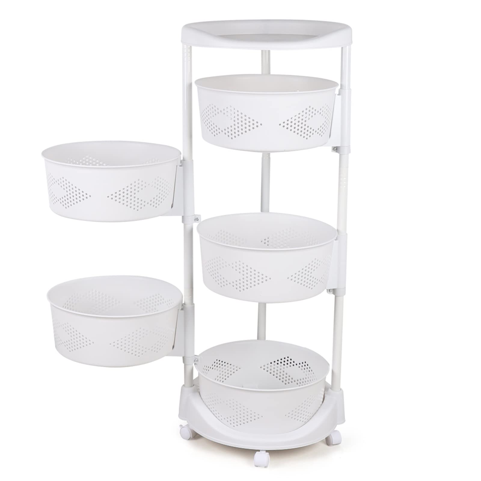 5-Tier Rotating Kitchen Storage Rack with Lockable Wheels - Space-Saving Spice Organizer, Fruit & Vegetable Stand for Pantry, Living Room - White Floor-Standing Shelf for Home Organization