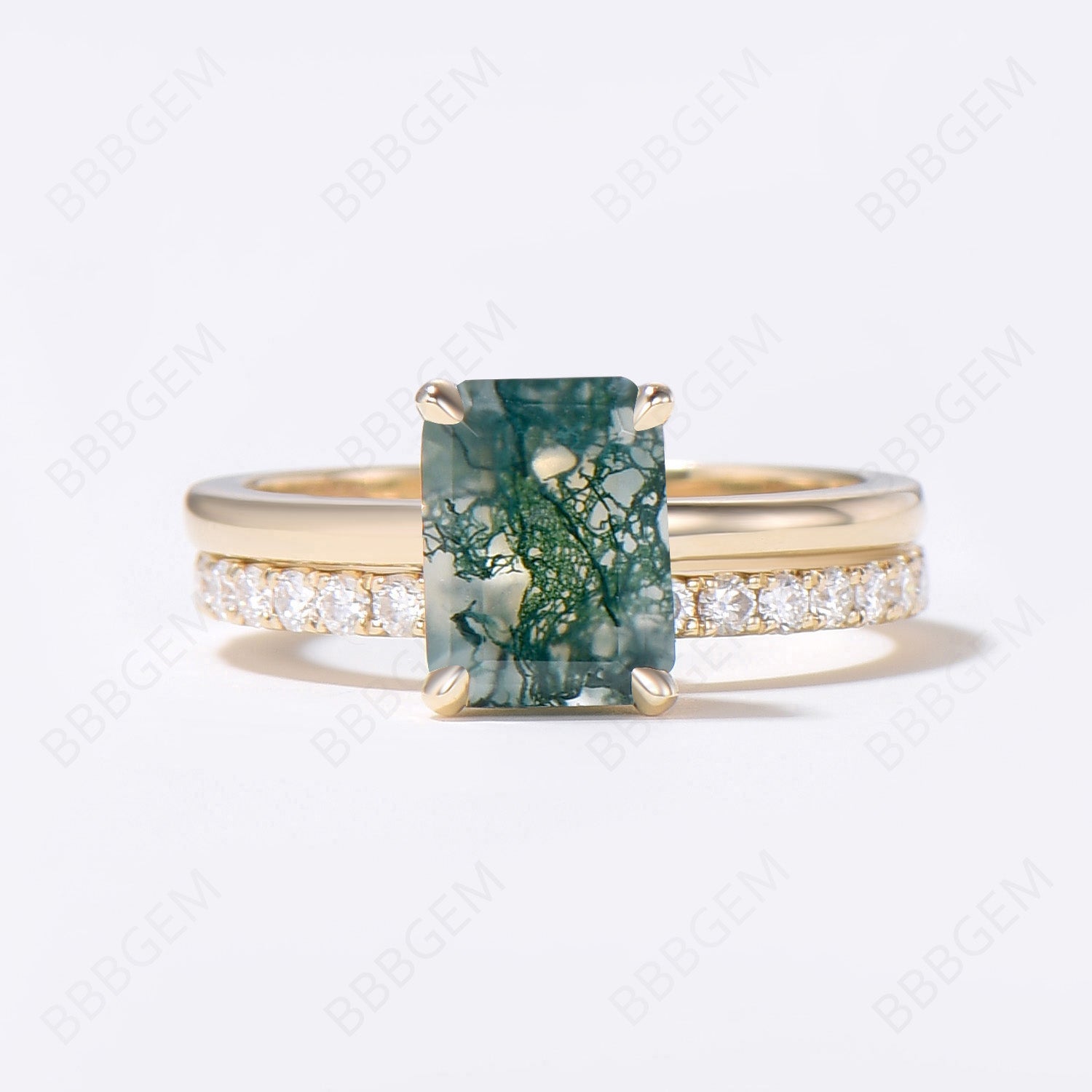 Hidden Halo Emerald Cut Moss Agate Engagement Ring Set - 14K Gold Wedding Band for Women - Perfect for Proposals, Anniversaries & Romantic Occasions