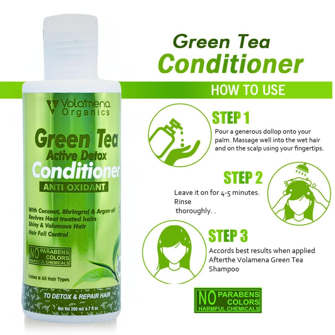 Volamena Green Tea Detox Hair Conditioner for Dry Hair & Dandruff Control - 200ml | Nourishing Treatment for Men & Women | Perfect for Daily Hair Care & Scalp Health