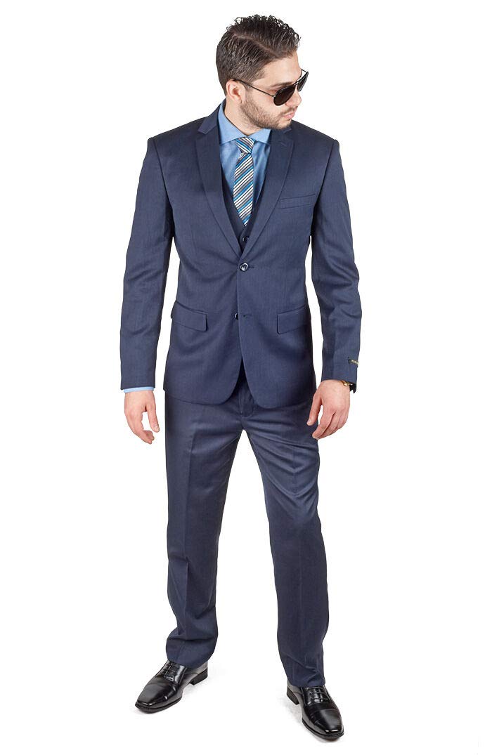 AZAR MAN Slim Fit 3 Piece Vest Navy Blue Suit - 2 Button Notch Lapel Formal Wear for Weddings, Business Meetings & Special Occasions