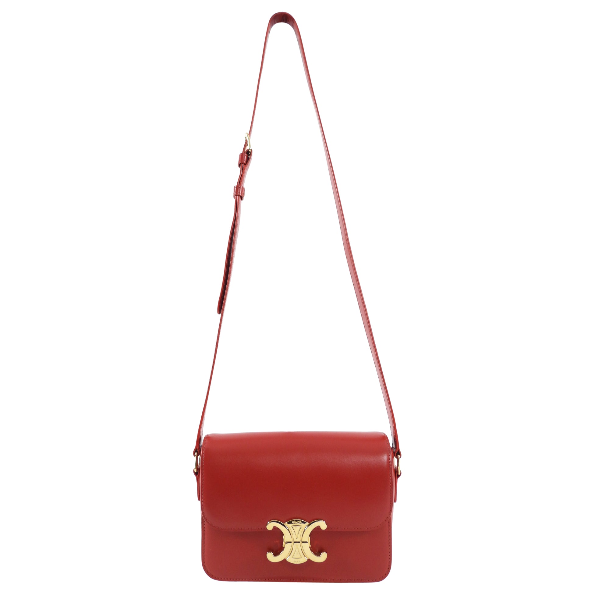 Celine Red Teen Triomphe Bag in Shiny Calfskin Leather - Luxury Crossbody Purse for Women, Perfect for Date Night & Evening Events
