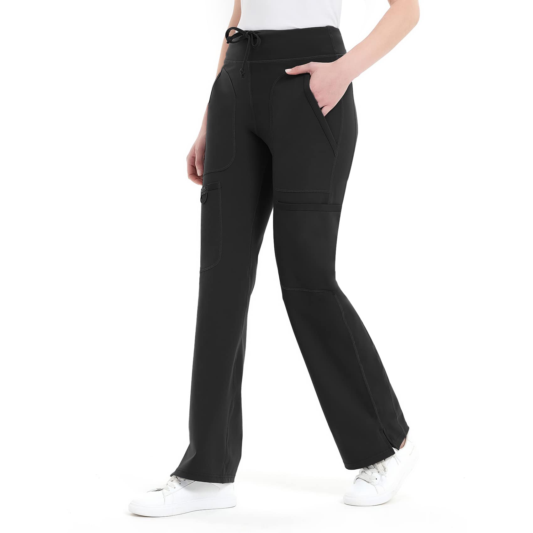 QBK Women's Mid Rise Yoga Scrub Pants - 5 Pocket Cargo Work Pants for Yoga, Nursing & Healthcare Professionals - Comfortable Stretchy Medical Scrubs for Workouts & Hospital Shifts