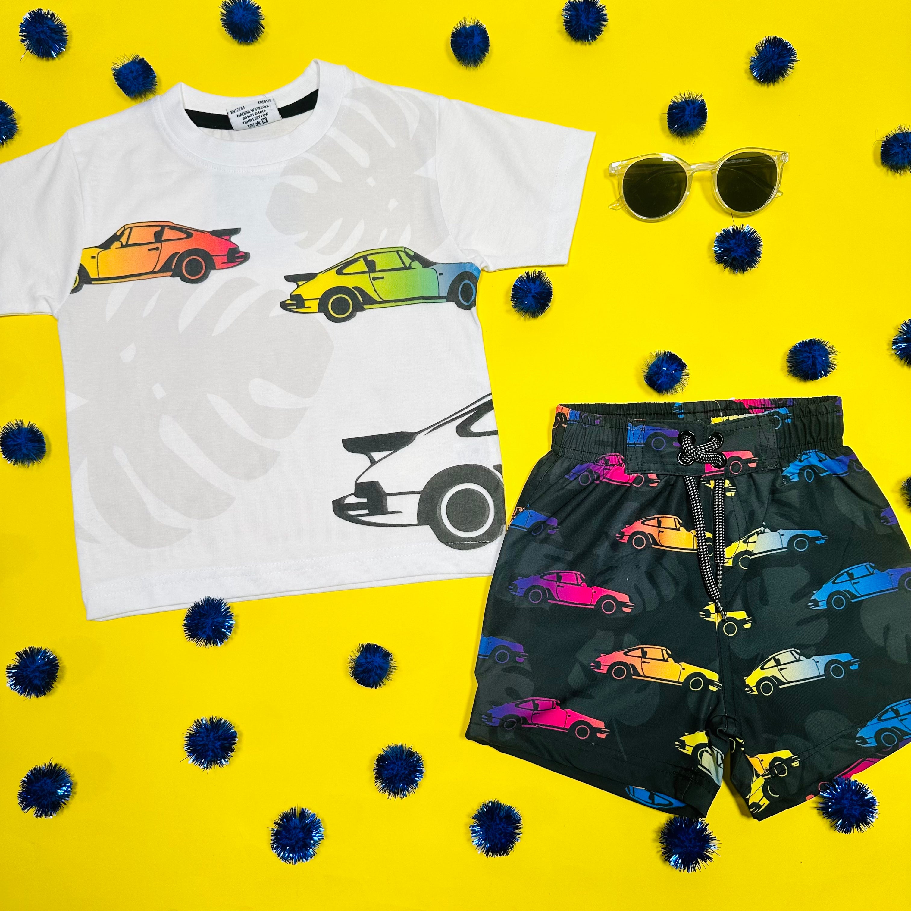 Race Cars & Palm Trees Graphic T-Shirt - Cool Vintage Style Tee for Men & Women - Perfect for Beach, Summer, and Car Enthusiasts