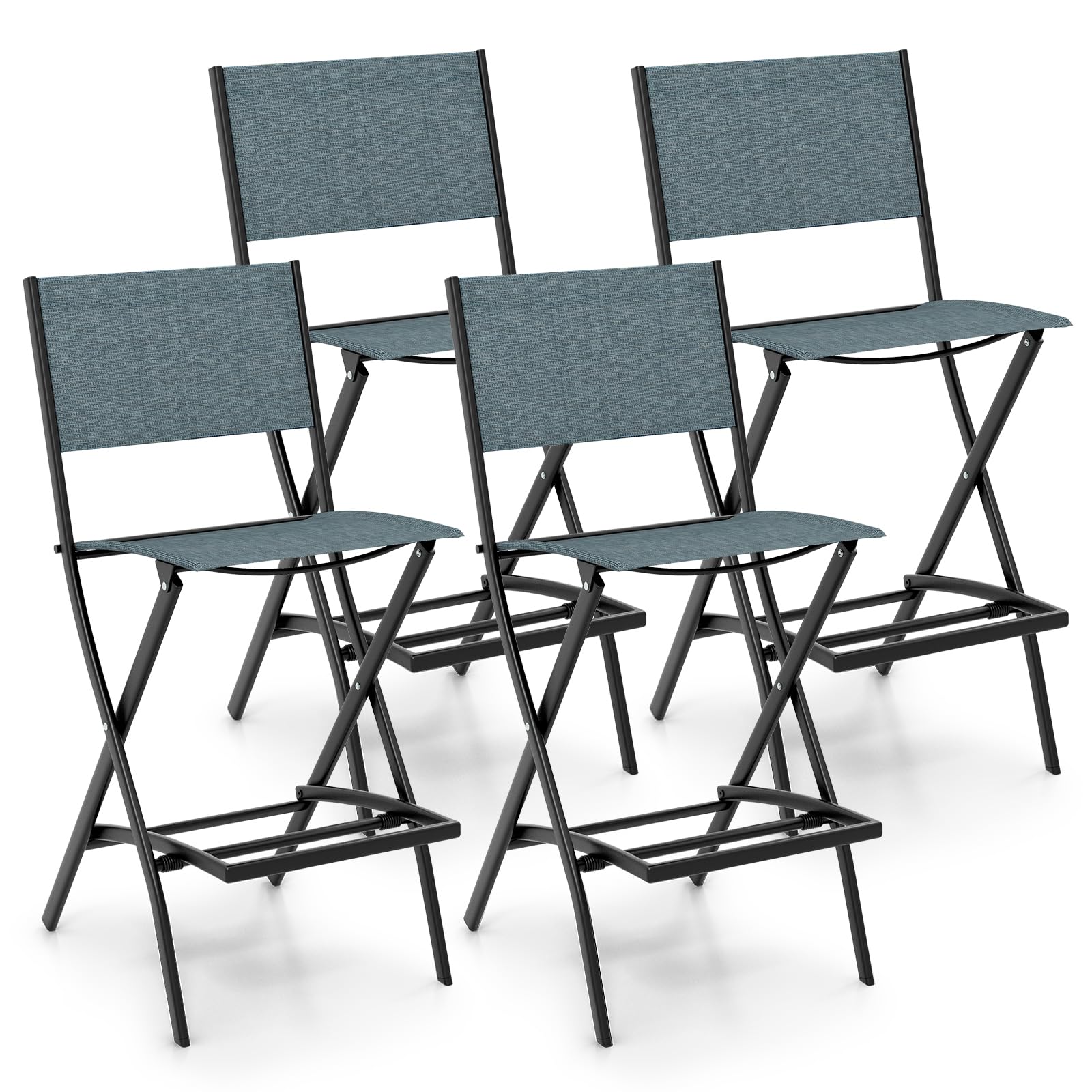 Giantex 4-Piece Folding Patio Bar Chair Set - Outdoor Counter Height Bar Stools with Footrest & Back Support, All-Weather Resistant Metal Frame - Light Blue - Perfect for Porch, Deck, Lawn, Garden & Backyard Entertaining