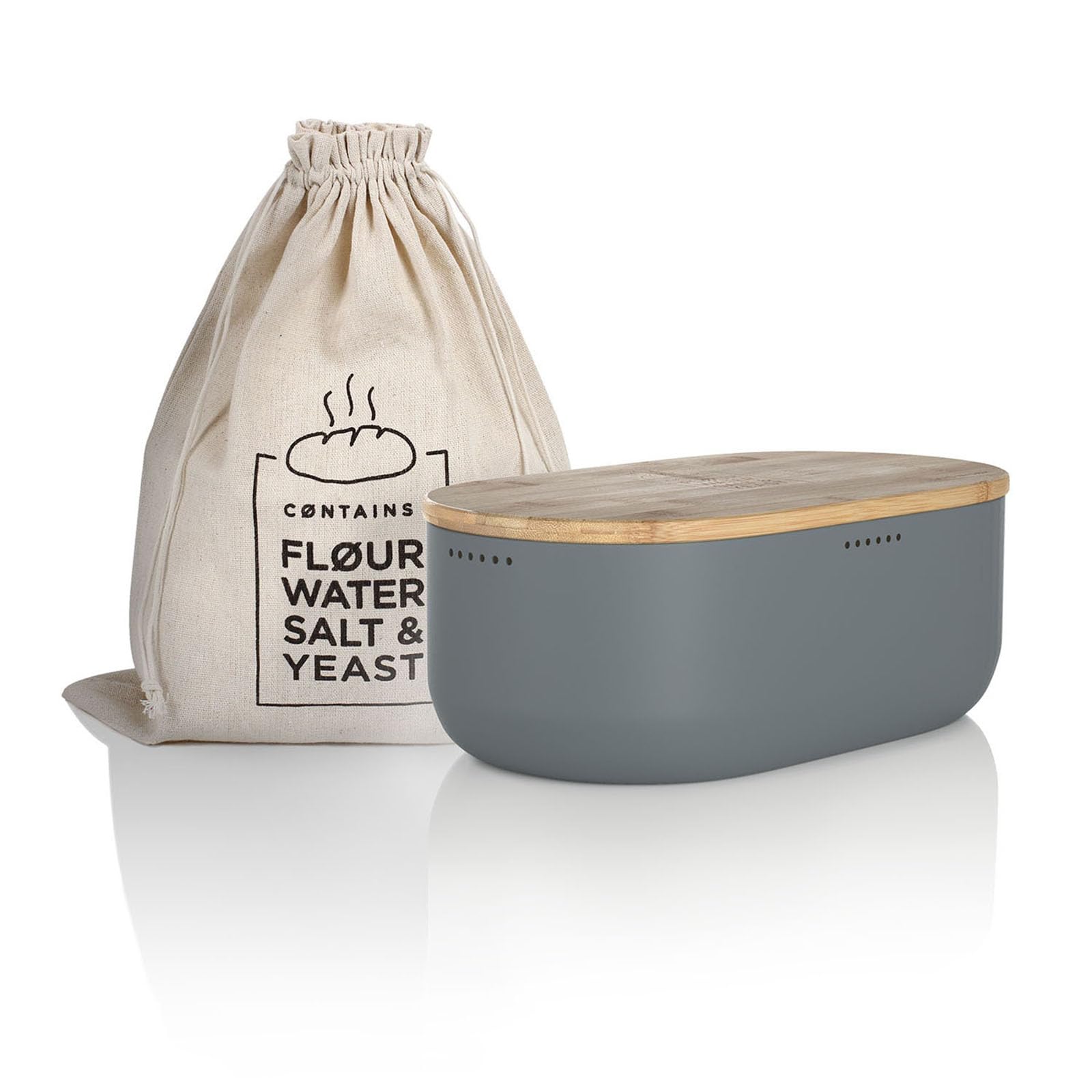 Premium LARS NYSØM Bread Storage Box - Airtight Metal Bread Bin with Linen Bag & Bamboo Lid (Doubles as Cutting Board) - 14.2x7.5x5.1 Inches, Ash Gray - Perfect for Kitchen Countertop, Pantry Organization & Fresh Bread Preservation