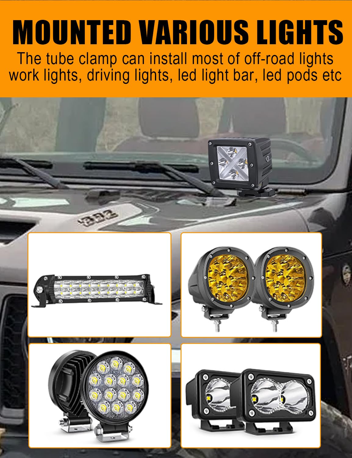 1.5'' Adjustable Tube Clamps Mounting Brackets - Roll Cage Bull Bar Clip Holder Kit for LED Light Bar - Compatible with Offroad Truck, ATV, SUV (2pcs) - Perfect for Off-Road Adventures, Camping & Outdoor Exploration