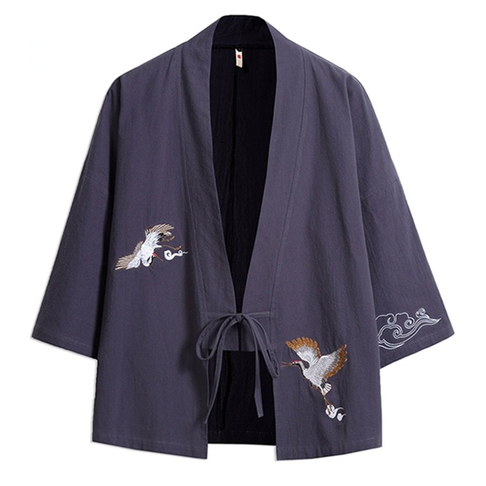 Japanese Kimono Cardigan for Men - Vintage Crane Embroidery Loose Yukata Coat, Plus Size - Perfect for Cosplay, Loungewear & Cultural Events