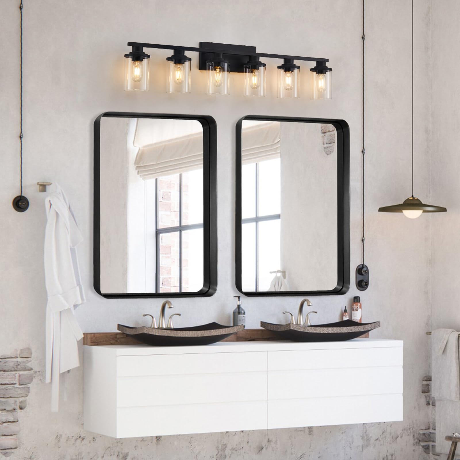 Stambord 6-Light Matte Black Bathroom Vanity Light Fixture with Clear Glass Shade & Metal Base - Modern Black Vanity Lighting for Bathroom Mirror - Perfect for Bathroom, Powder Room, and Dressing Room Makeup Area