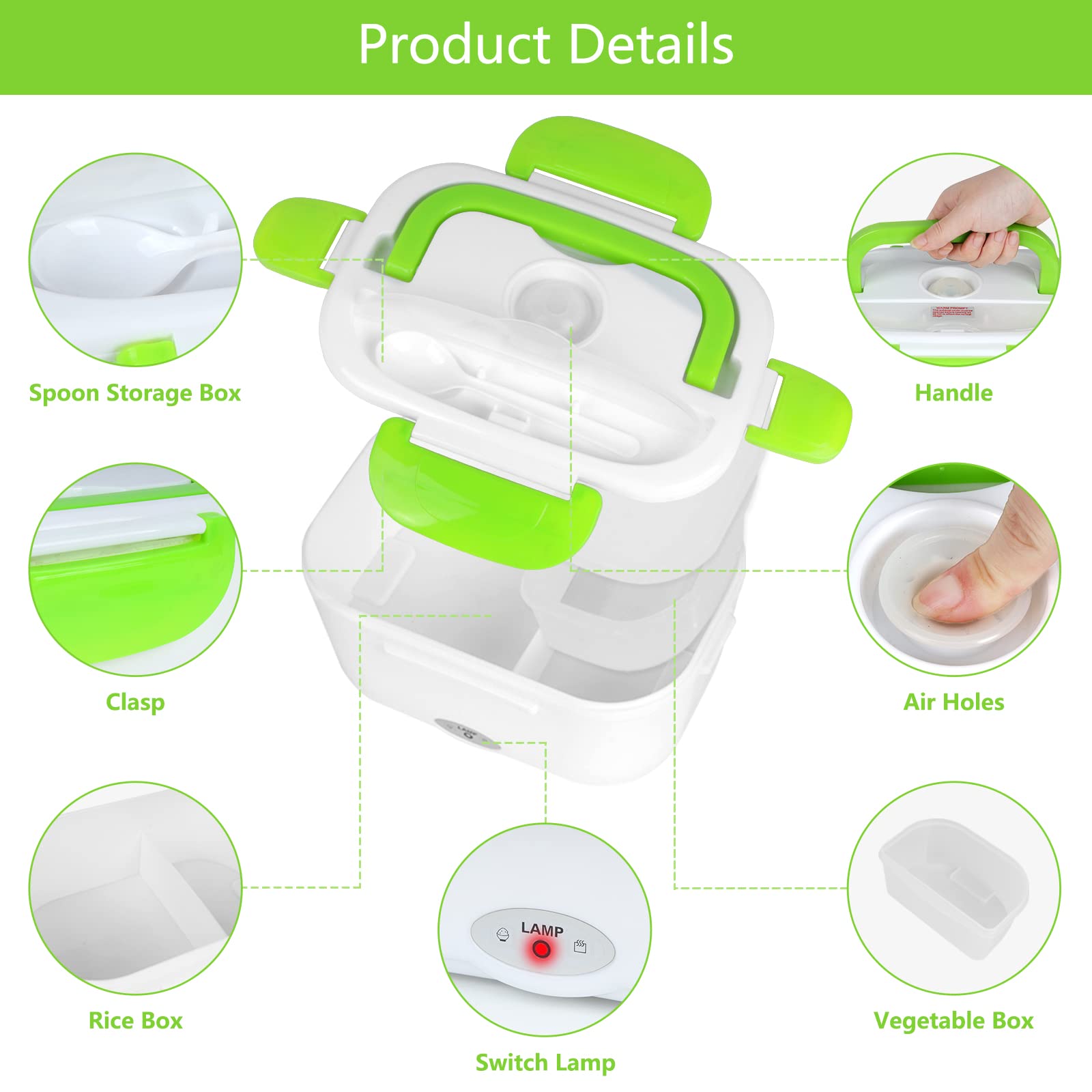 VECH Electric Lunch Box - 110V Portable Food Warmer, Bento Box Heater for Home, Office & Travel - Reusable & Eco-Friendly Green Lunch Container (Perfect for Commuting, Camping & Workplace Meals)