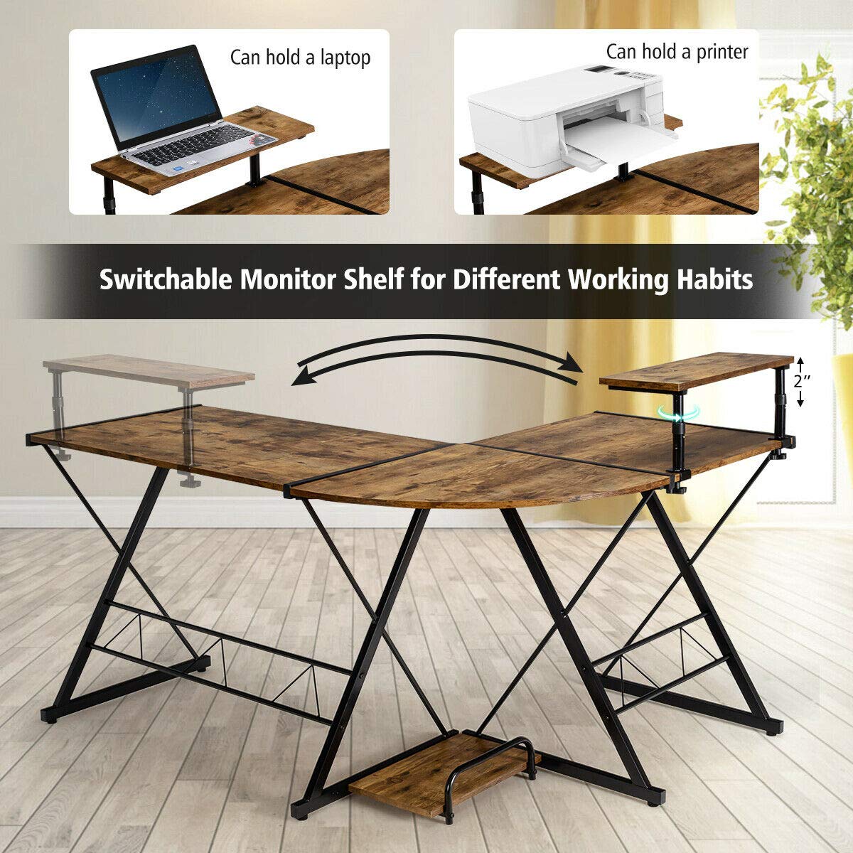 Modern L-Shaped Reversible Corner Desk with CPU Stand - Sturdy Multifunctional Home Office Computer Table, Detachable Design in Brown | Perfect for Small Spaces & Workstations