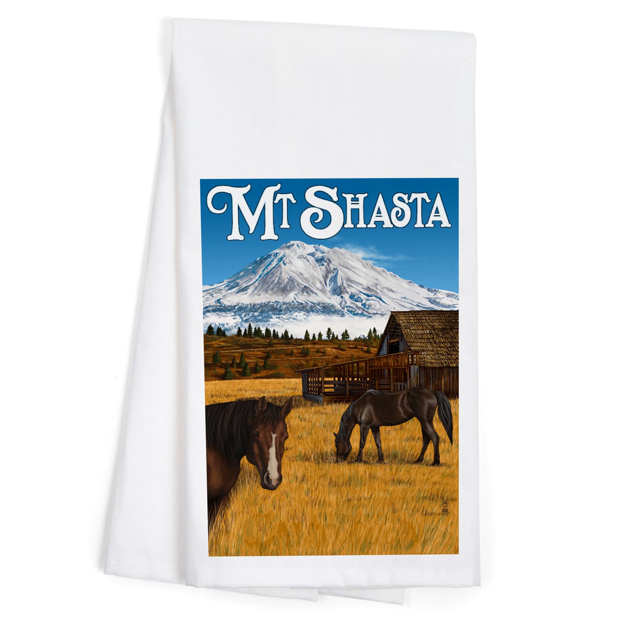 Lantern Press Mt. Shasta View and Horses Cotton Tea Towel - 100% Cotton Decorative Hand Towel for Kitchen, Bathroom & Home Decor - Perfect for Dish Drying, Gift Giving and Farmhouse Style Decor