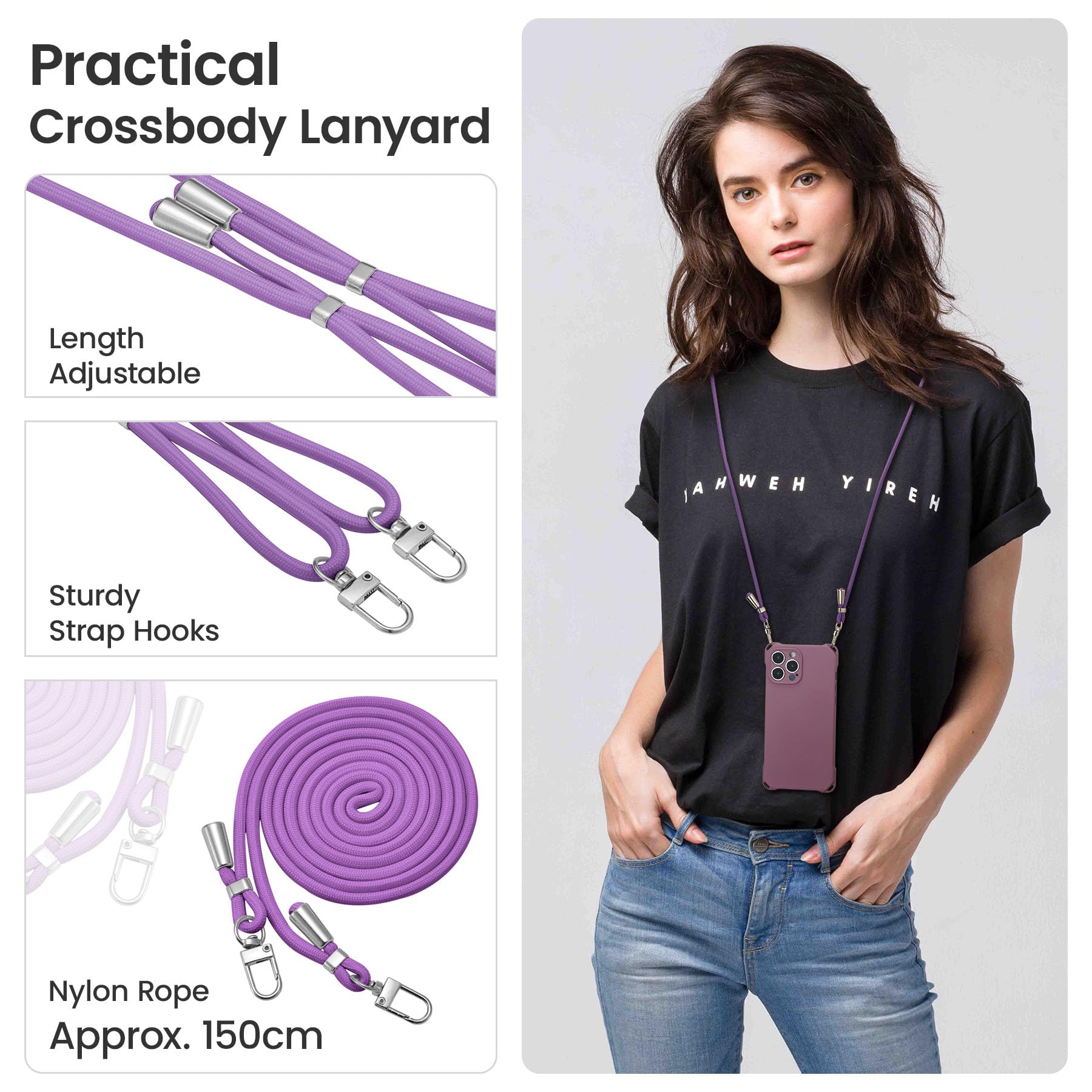 Premium Shockproof Silicone Case for iPhone 13 Pro Max (6.7 inch) with Adjustable Crossbody Lanyard - Light Purple | Perfect for Outdoor Activities, Travel & Hands-Free Convenience